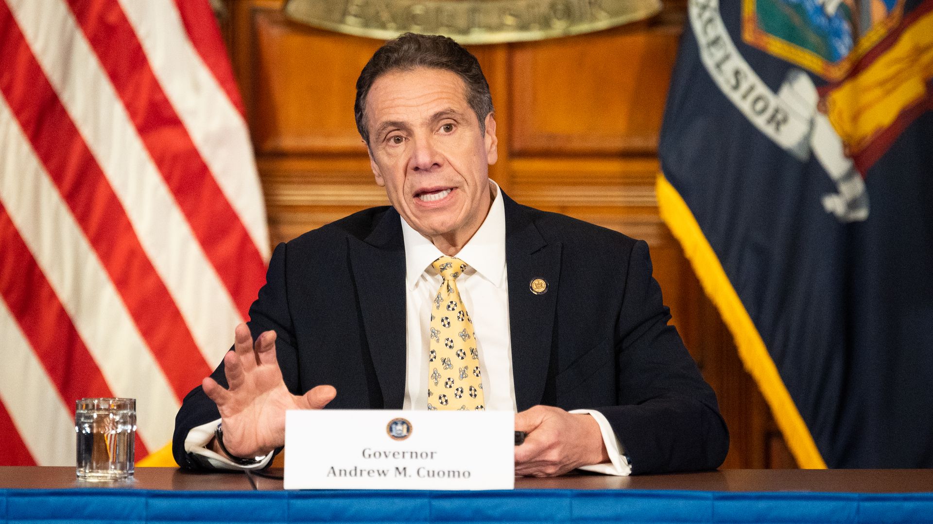 New York Governor, Andrew Cuomo (D) speaking at a press Conference at the State Capitol.