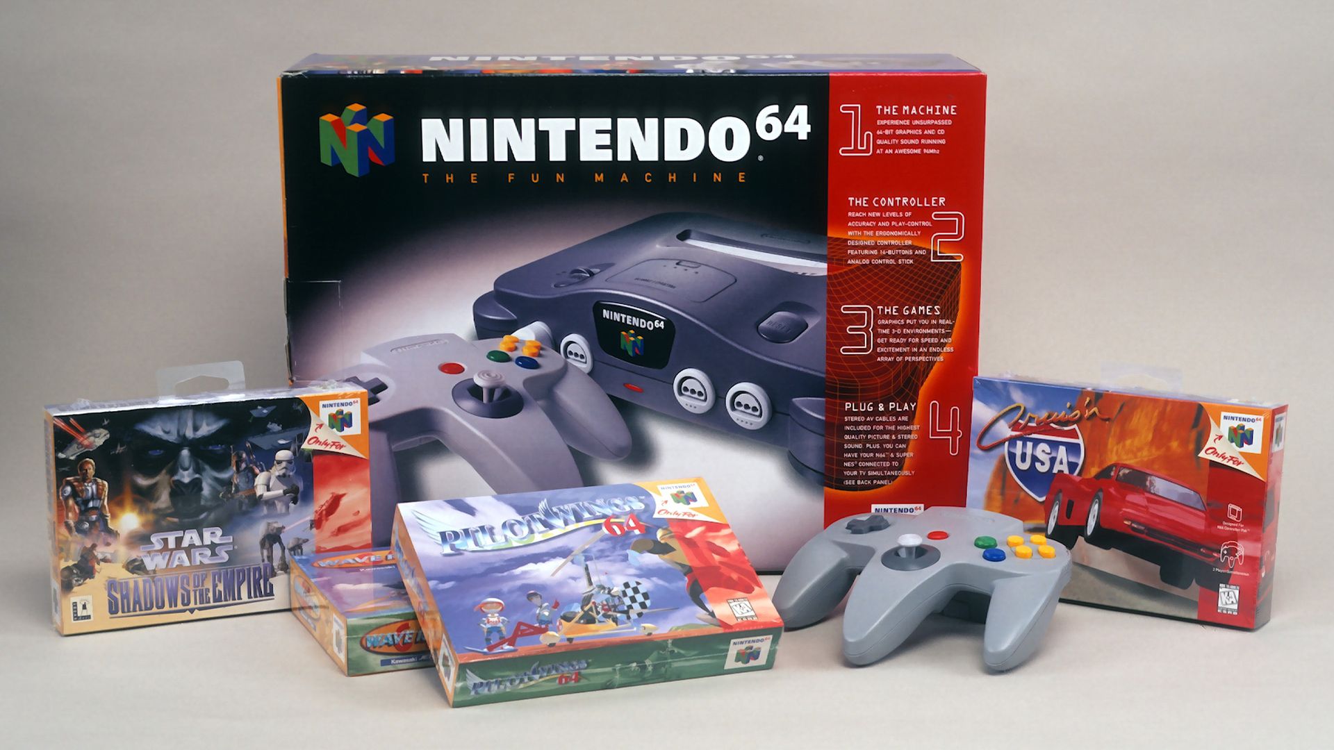 Product photos of the Nintendo 64 and some of its games, from 1996