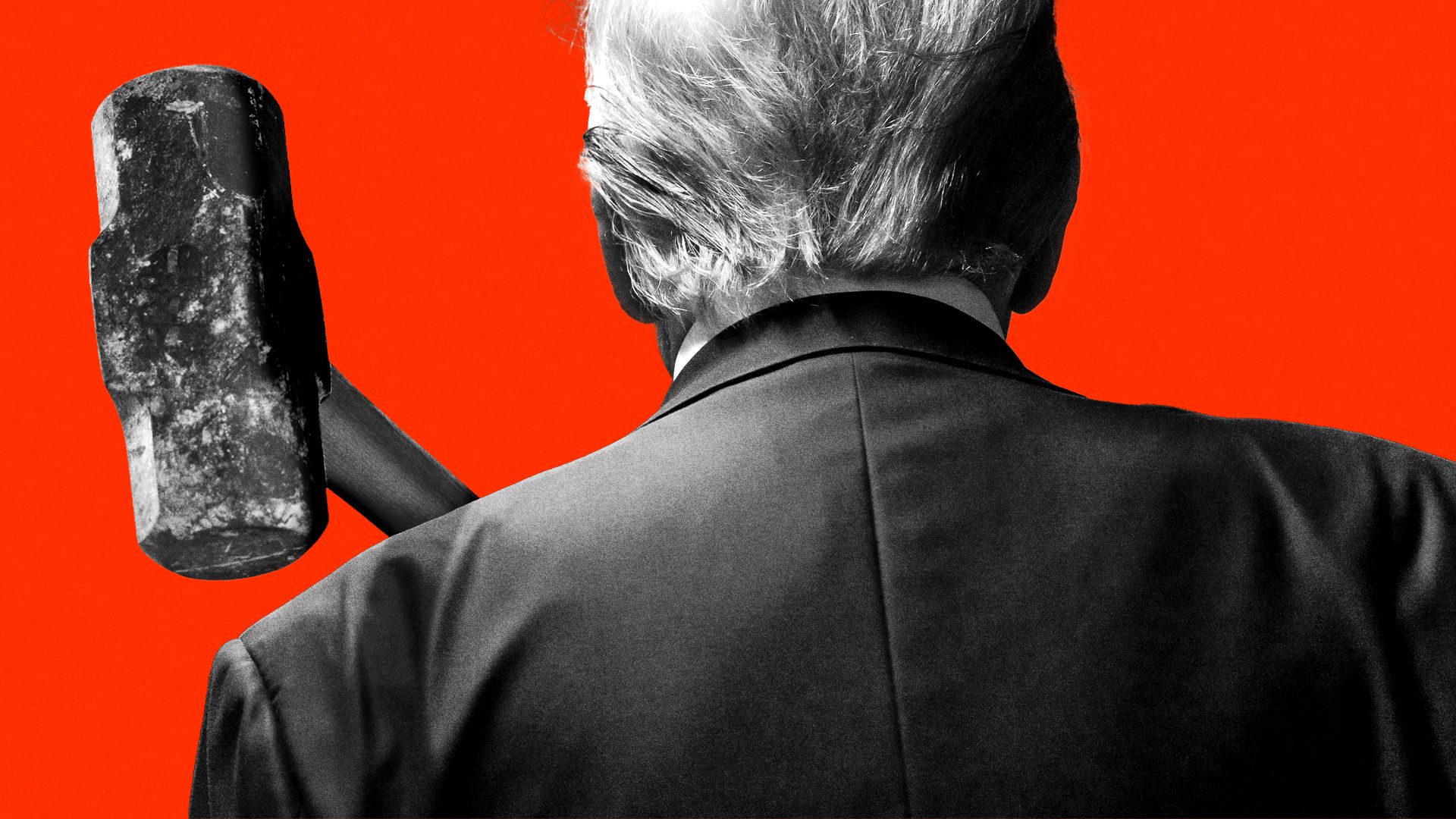 Photo illustration of Donald Trump with a sledgehammer over his shoulder.