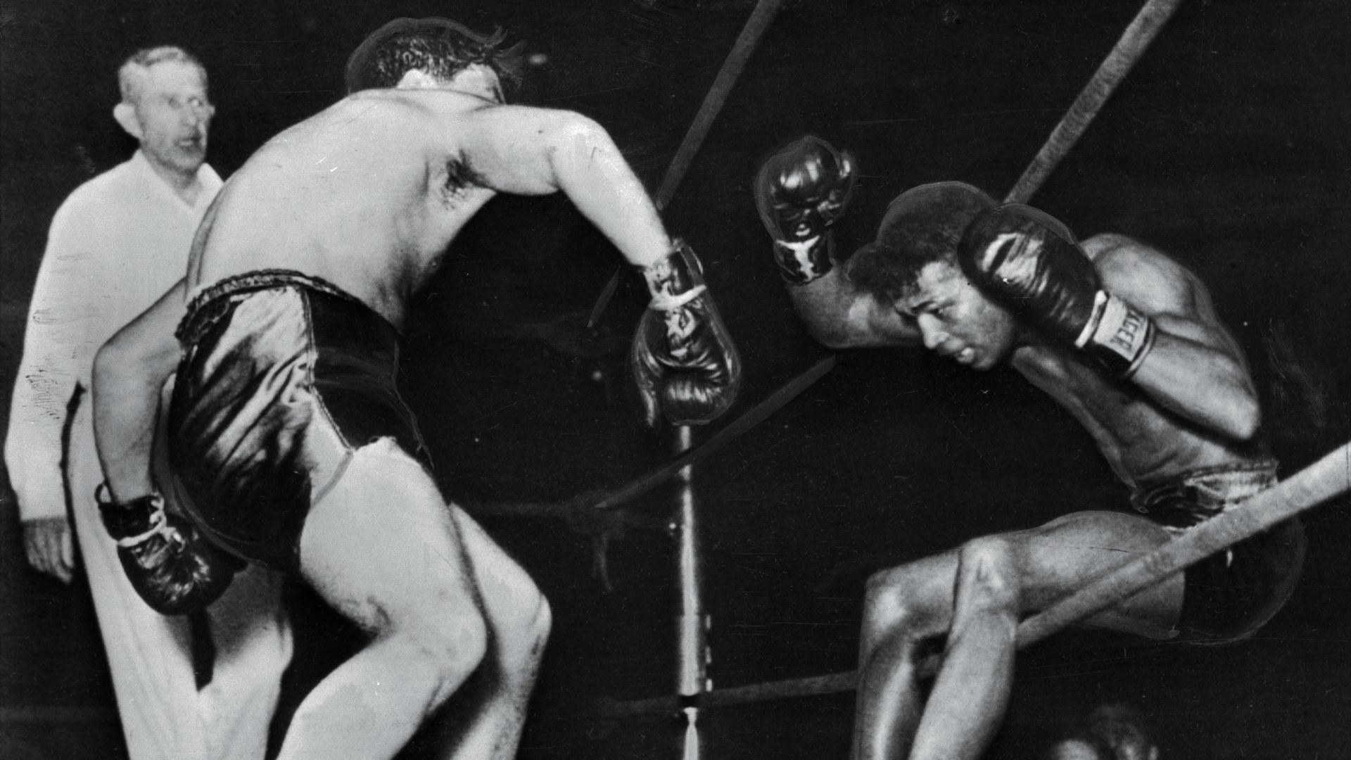 Jake LaMotta knocking Sugar Ray Robinson out of the ring