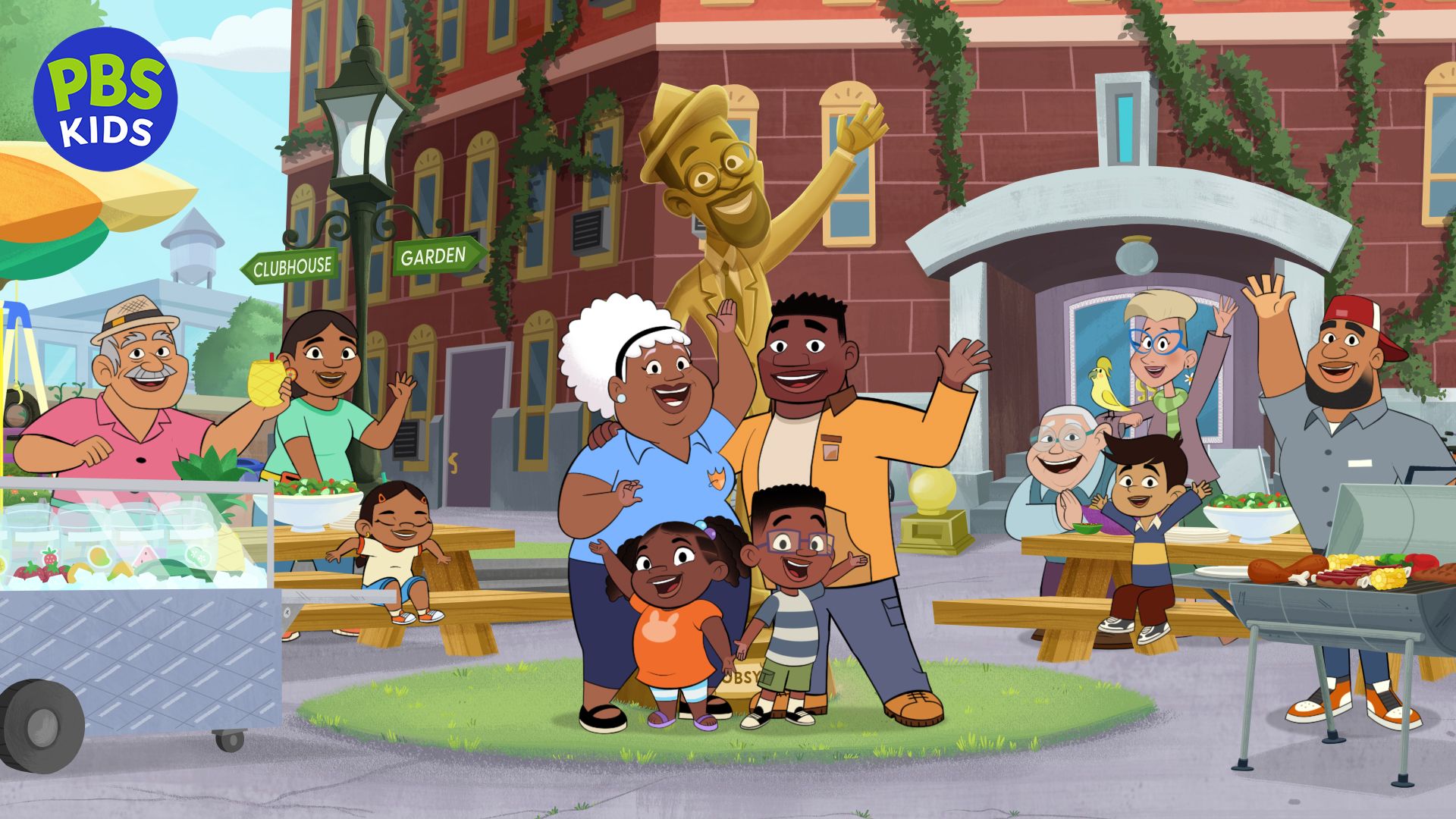 Animated multigenerational family happily waving outdoors near a bronze statue, picnic tables with food, a grill, and a PBS Kids logo under blue sky.