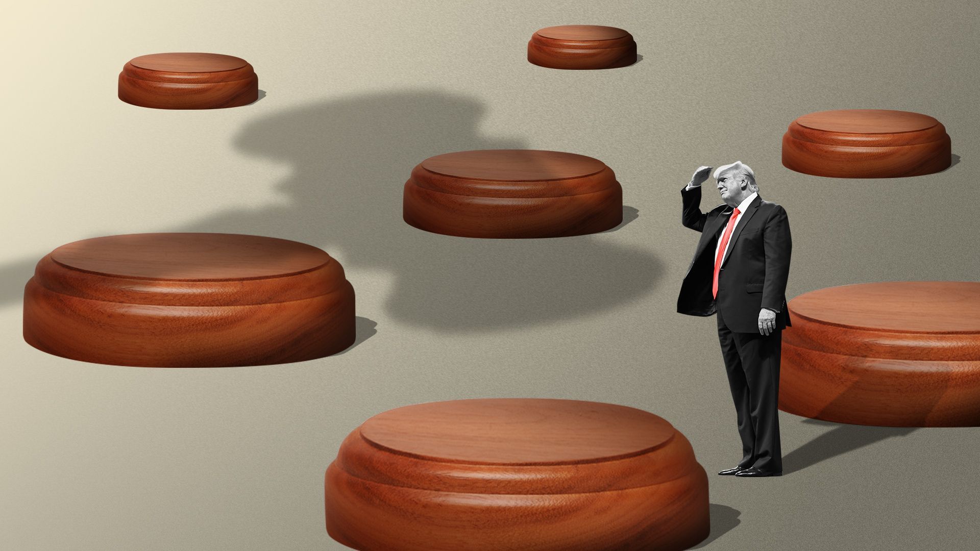 Photo illustration of Trump standing in a field of gavel blocks, with a shadow of a gavel hammer looming overhead. 