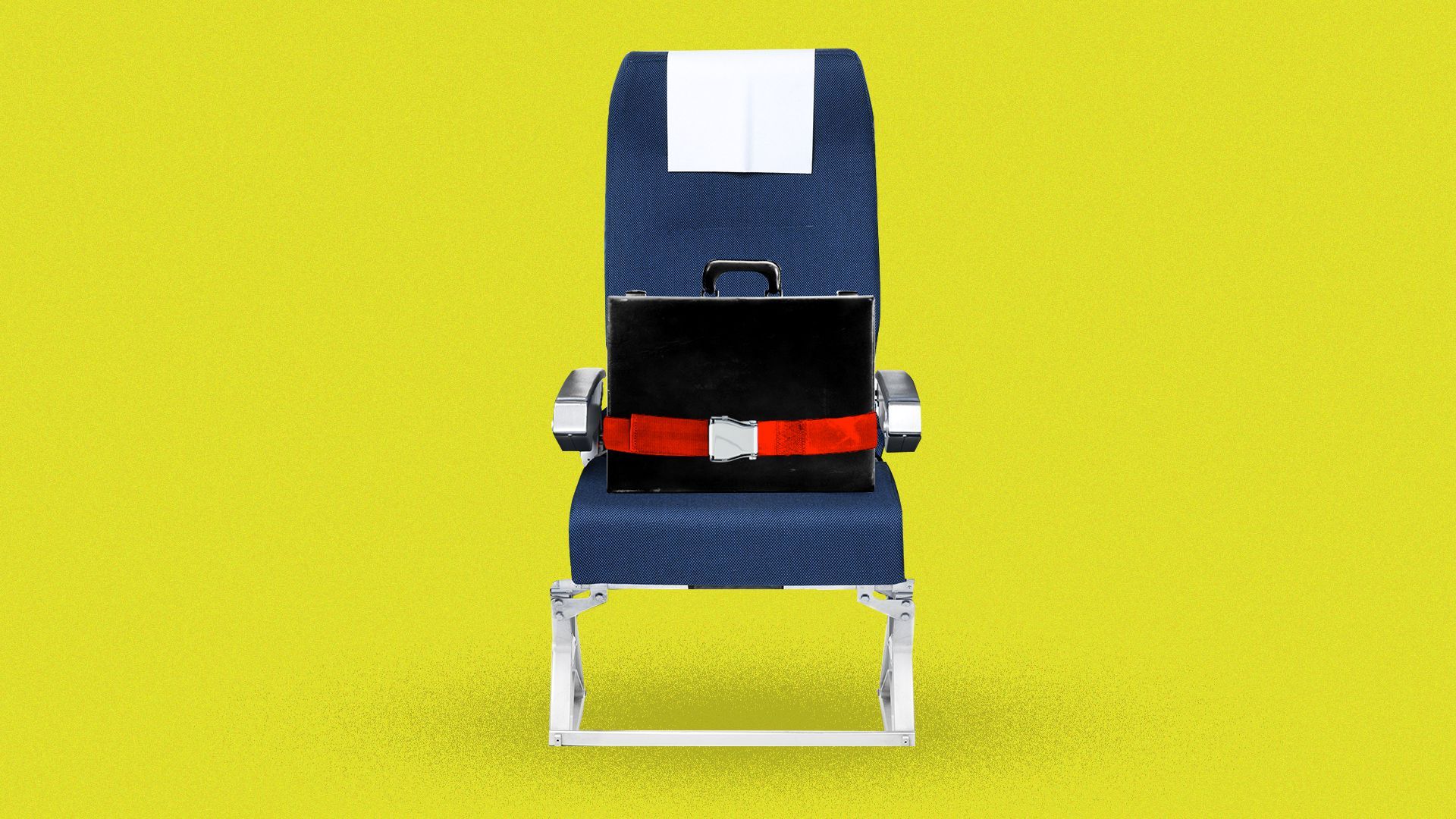 Illustration of briefcase in an airplane seat with a safety belt on.