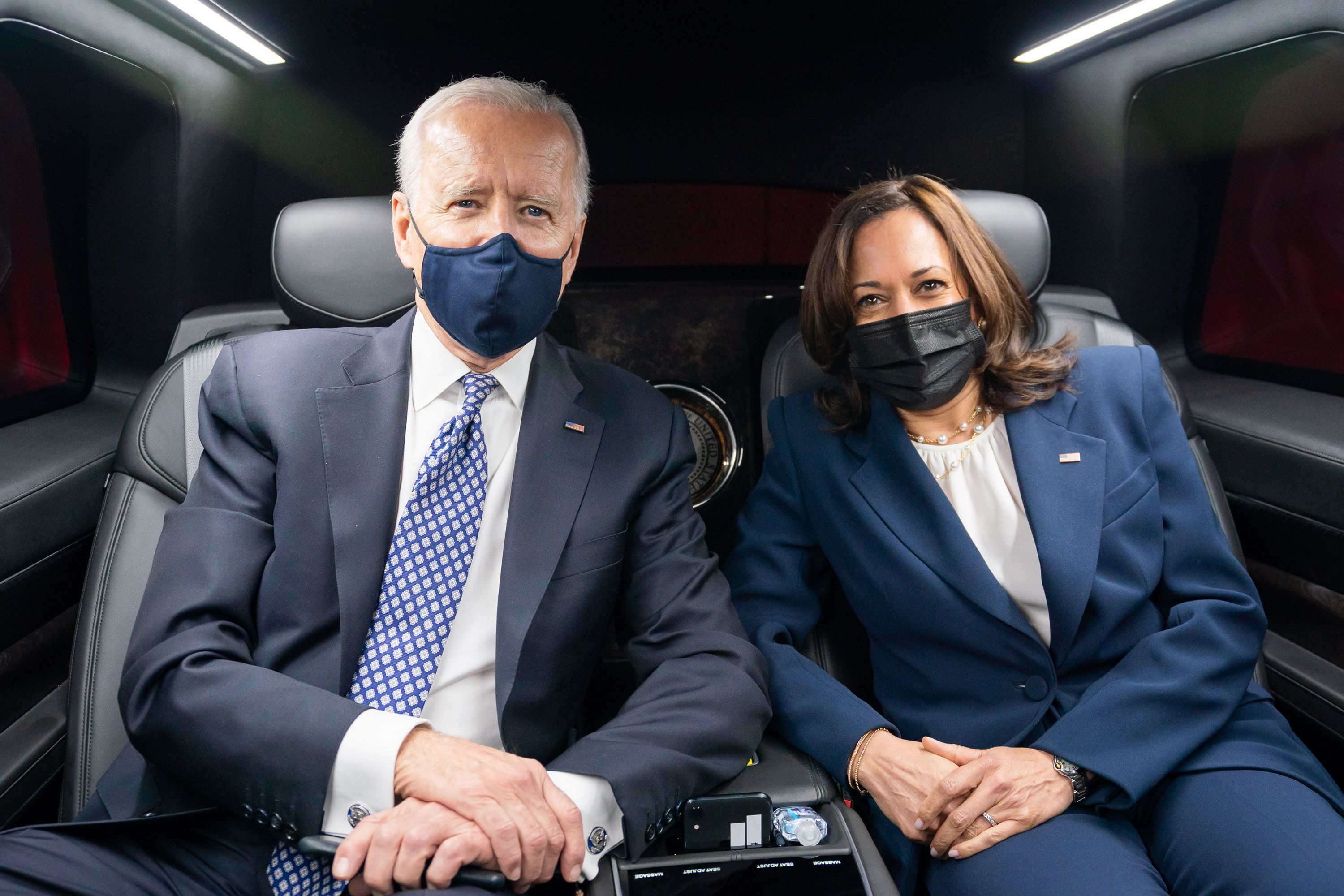 President Biden and Vice President Kamala Harris are seen together inside the presidential limousine.