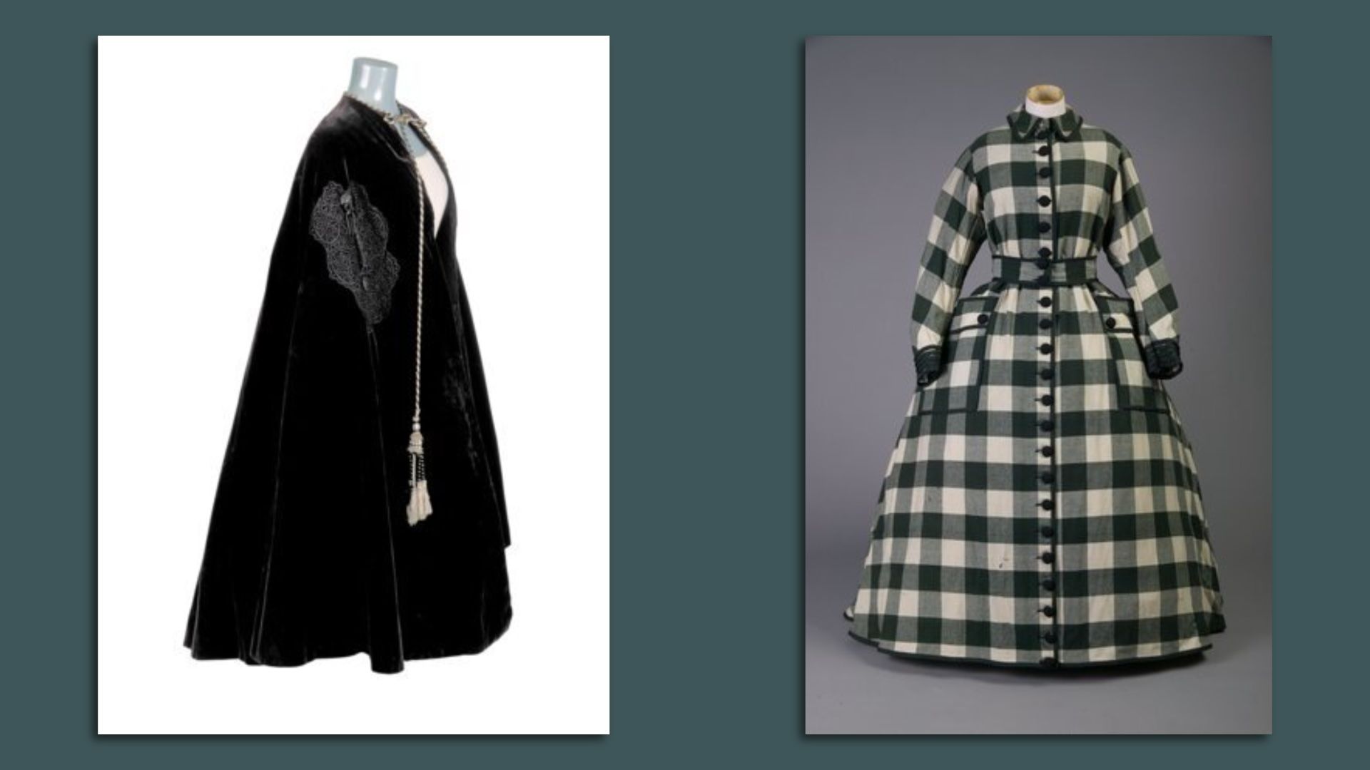 Black velvet cape on a mannequin and green plaid button-down dress on a mannequin.