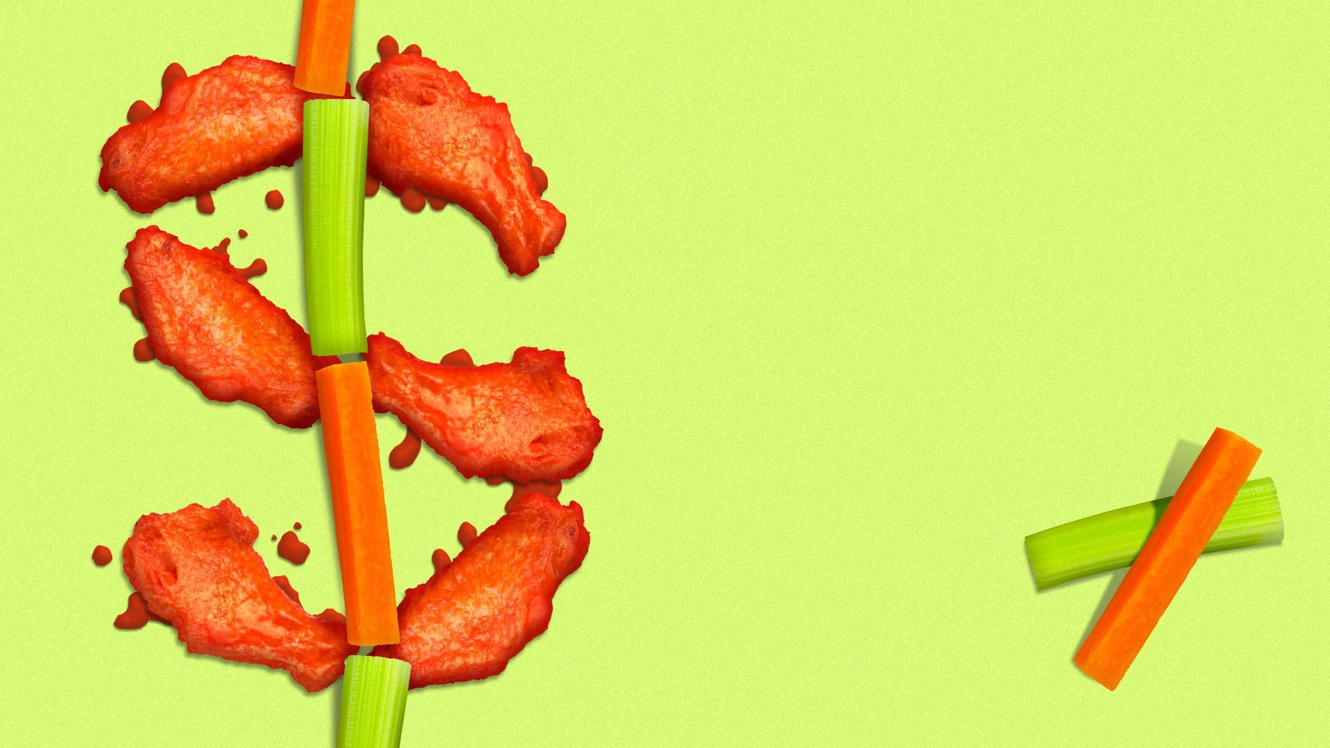 Illustration of buffalo wings, celery, and carrots forming the shape of a dollar sign