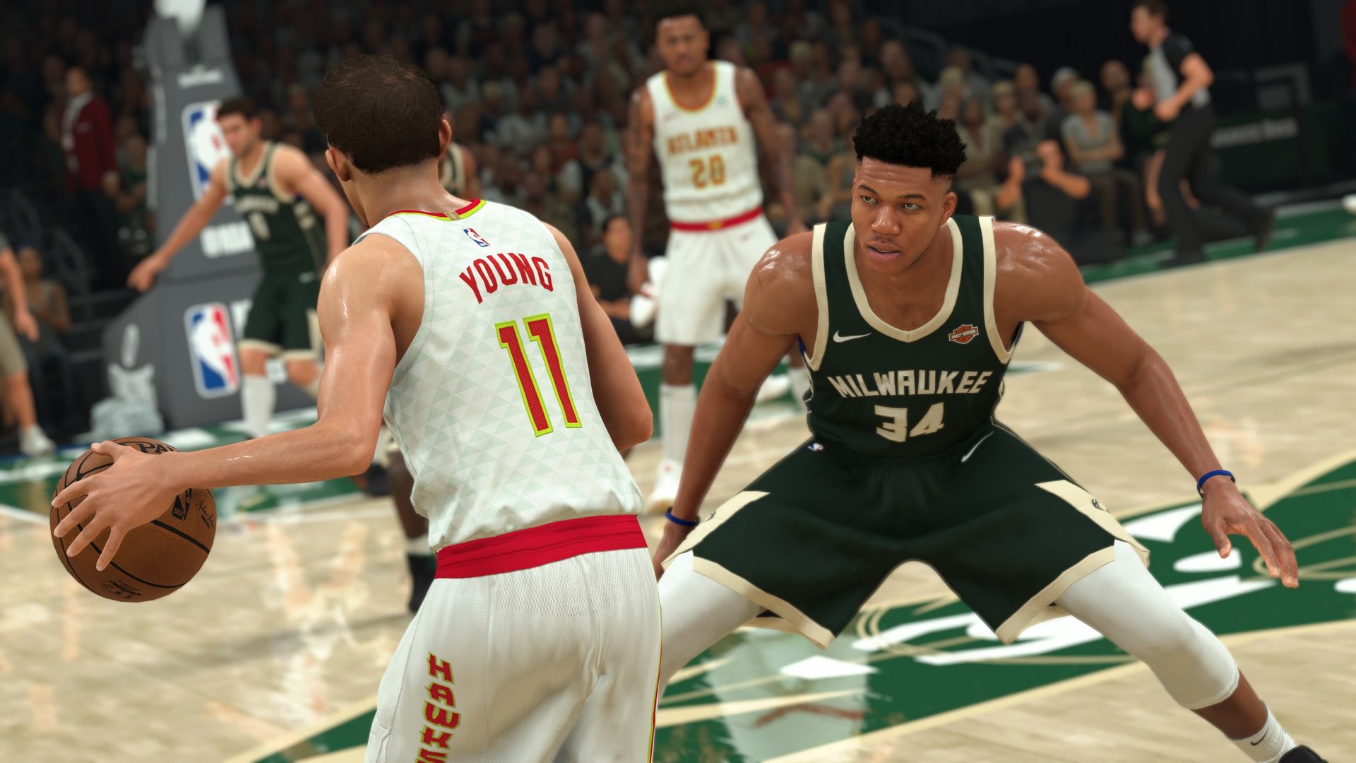 Video game screenshot of basketball players competing