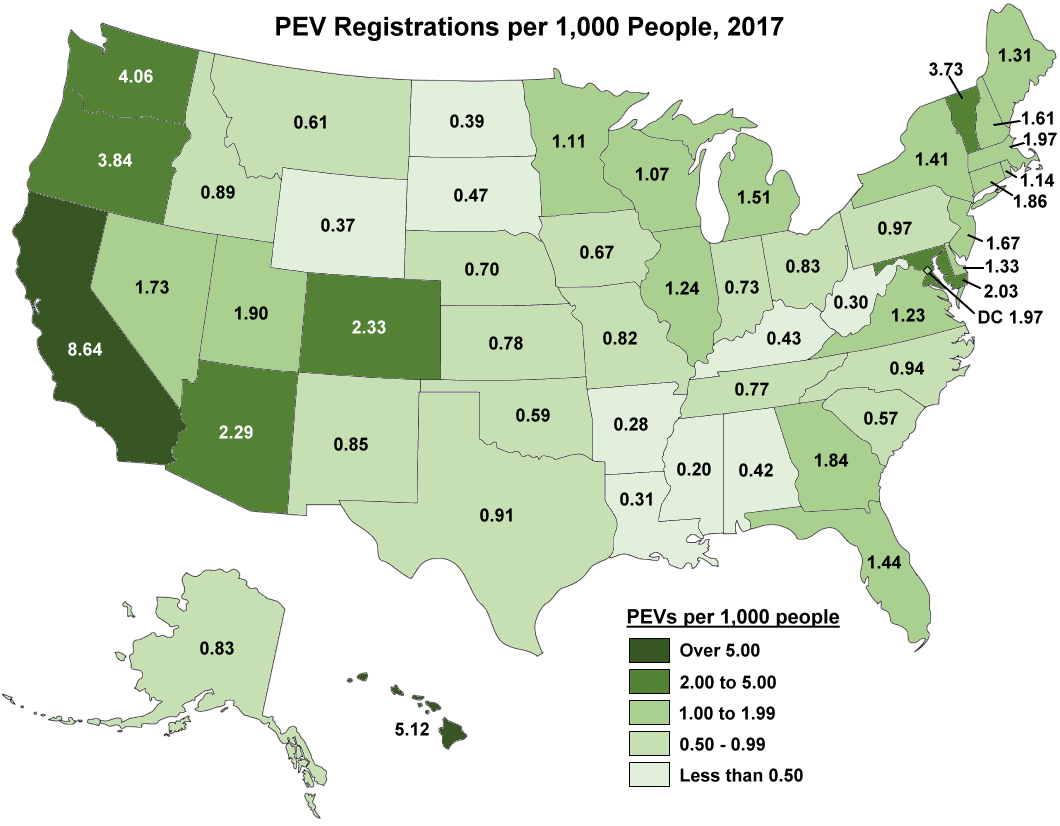 Map show plug-in vehicle registrations per 1,000 people by state