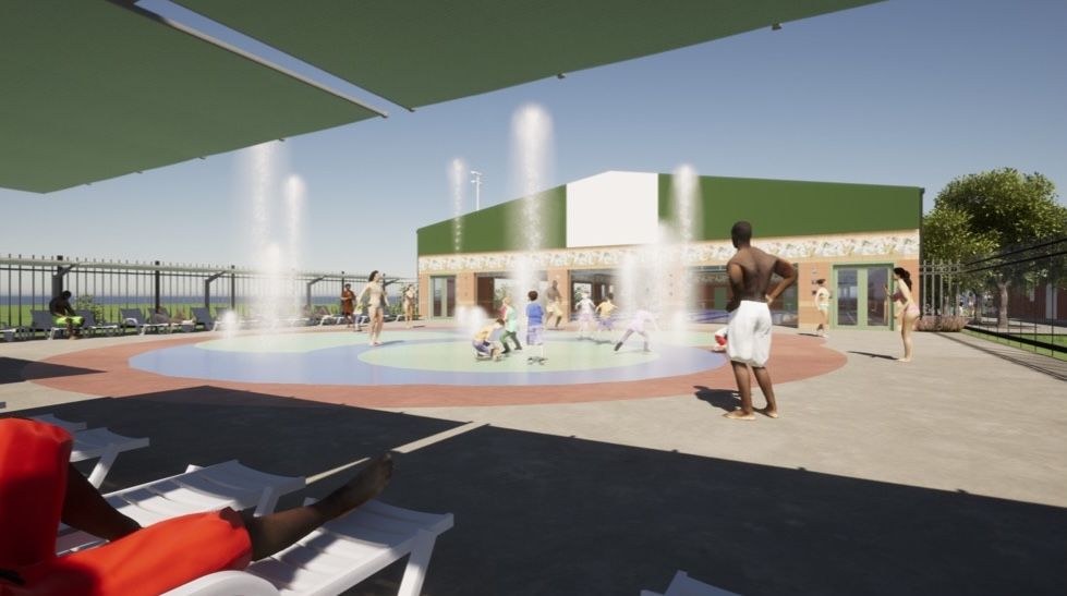 A rendering of a splash pad with people playing in it.