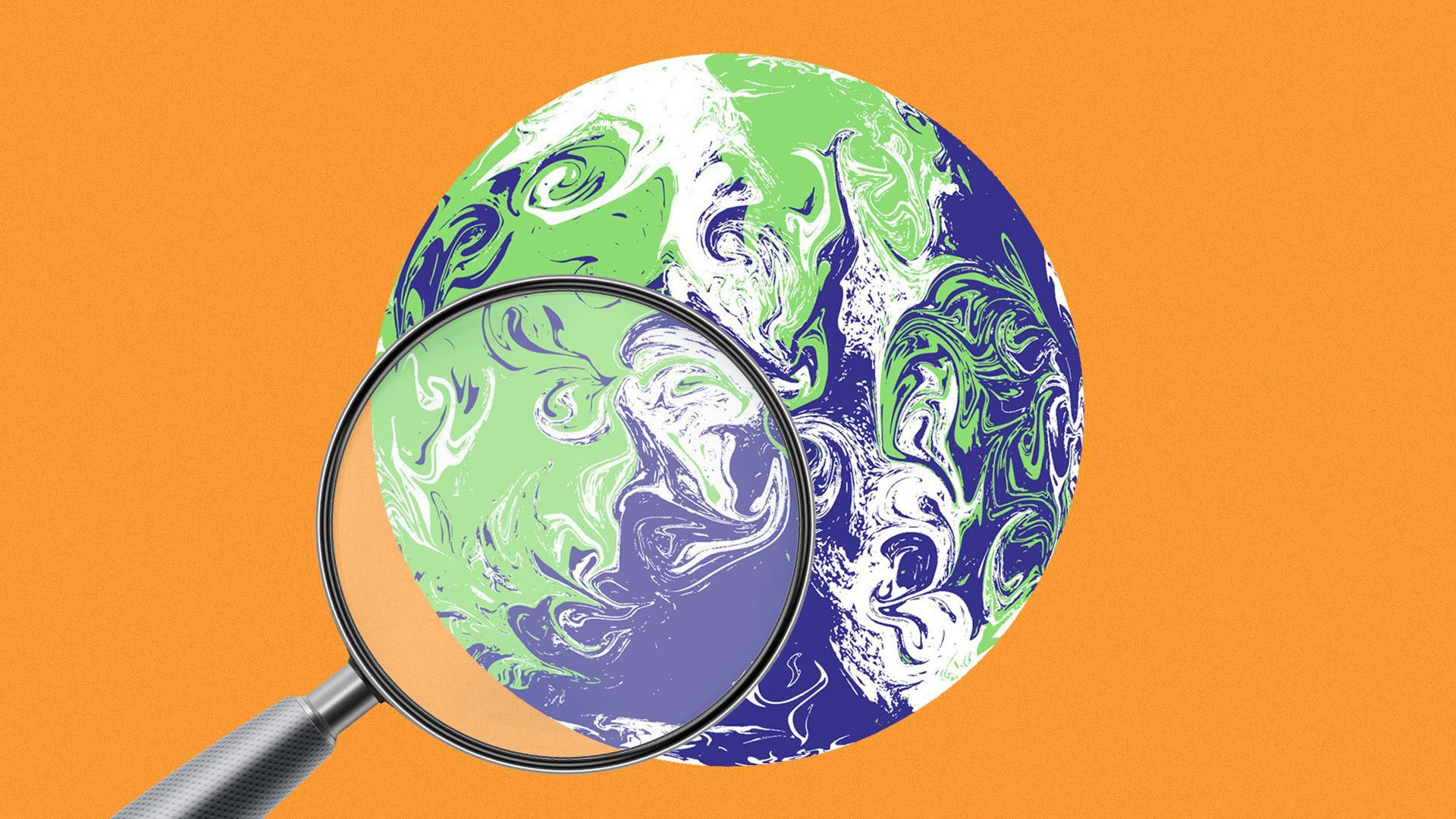 Illustration of a globe with a magnifying glass.
