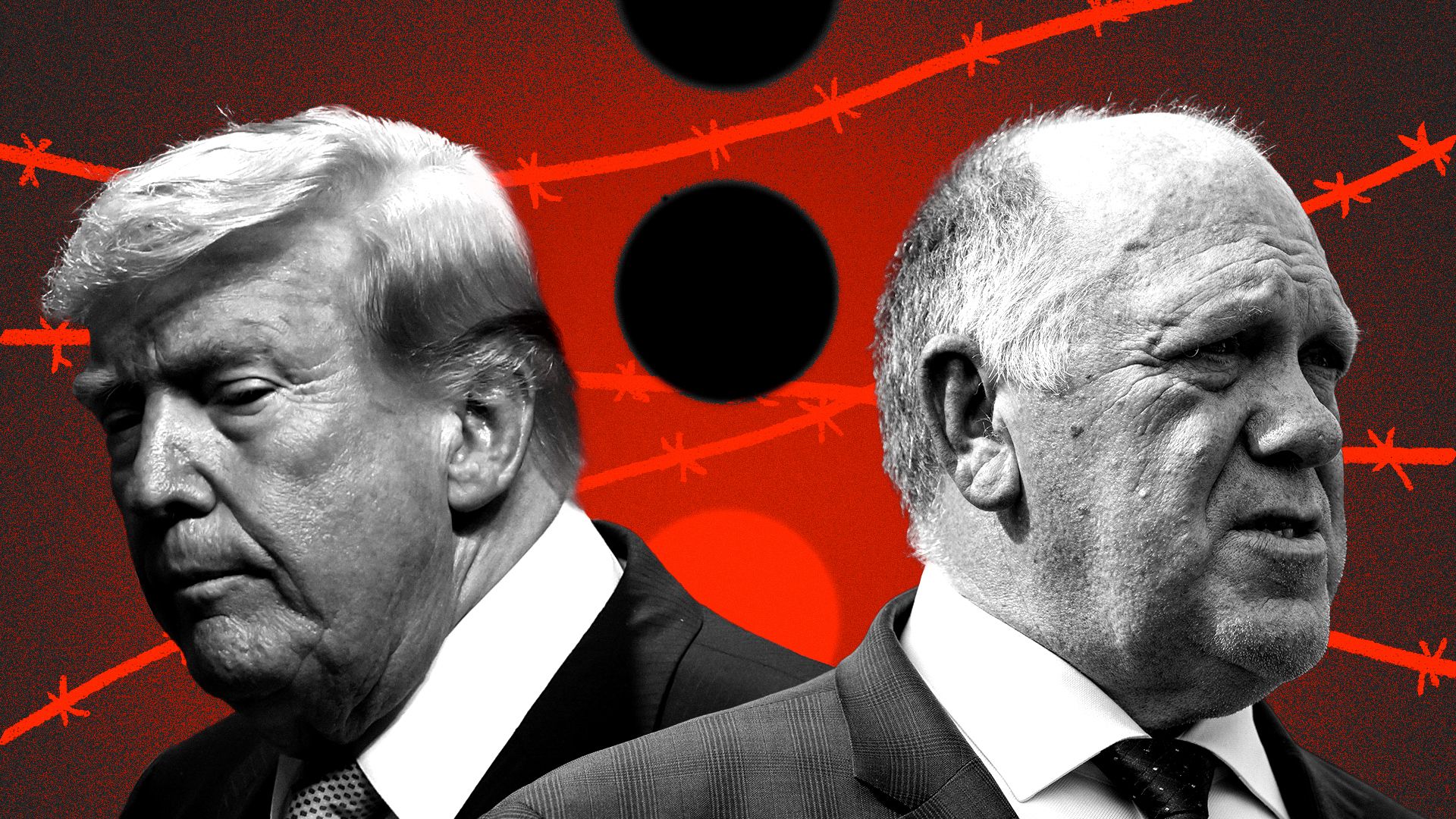 Photo illustration of President Donald Trump and Tom Homan with abstract images of barbed wire, abstract stop lights and a grainy background. 