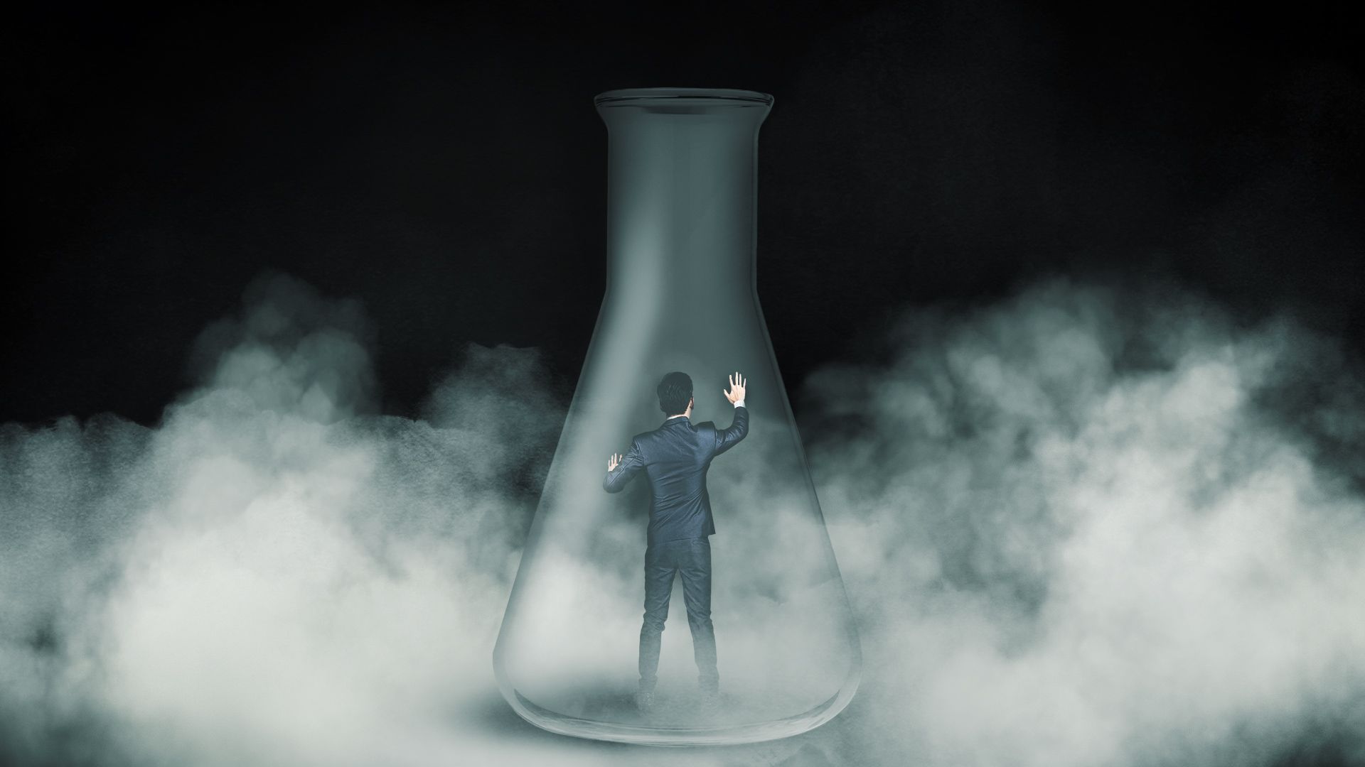 Illustration of a businessman stuck in a giant test tube surrounded by fog. 