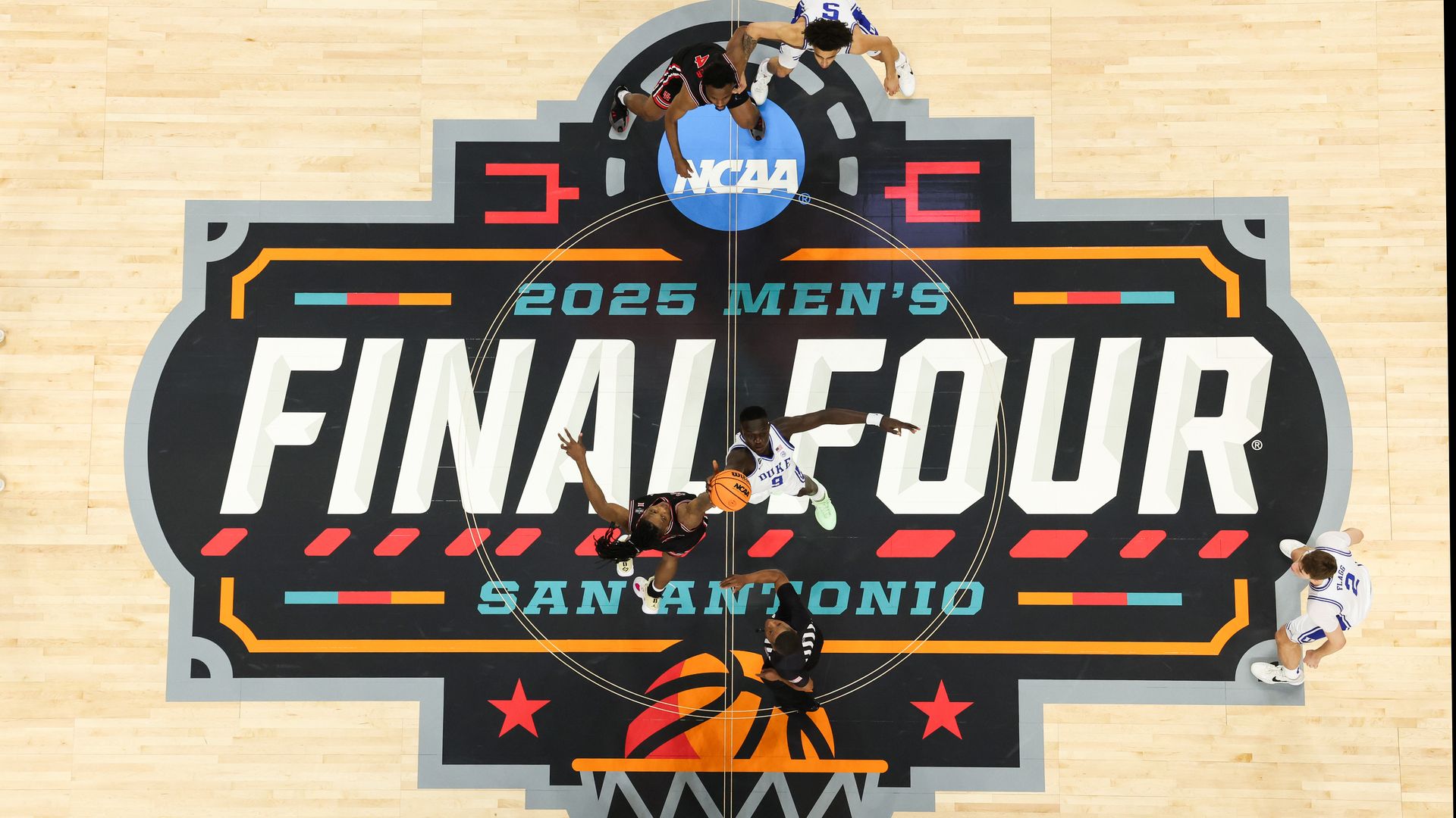 Khaman Maluach #9 of the Duke Blue Devils and Ja'Vier Francis #5 of the Houston Cougars tip the ball during the first half in the Final Four Game of the NCAA Men's Basketball Tournament at Alamodome on April 05, 2025 in San Antonio, Texas.