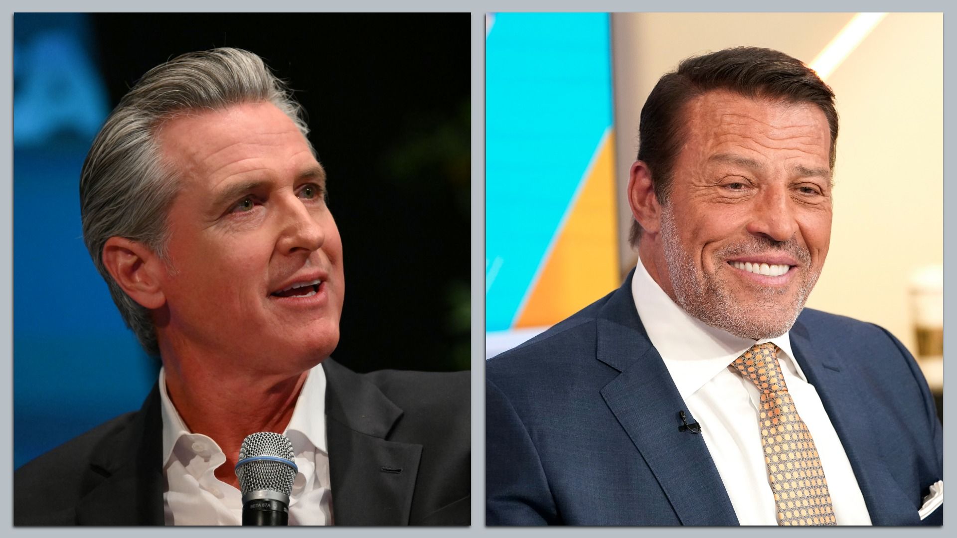 Gavin Newsom and Tony Robbins in a split-screen.