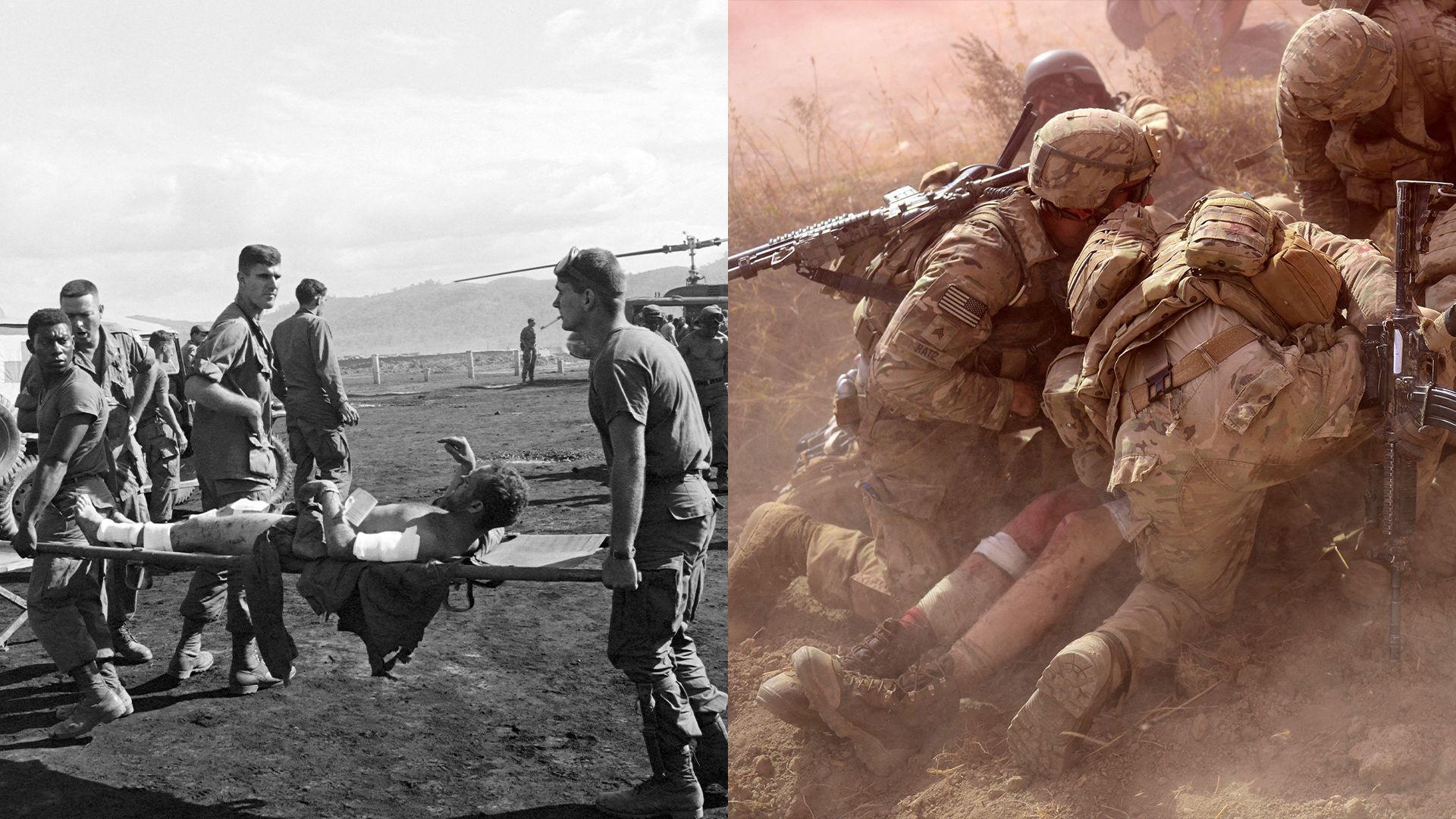 Side by side photos from the Vietnam and Afghanistan wars, showing injured soldiers being carried on stretchers. 