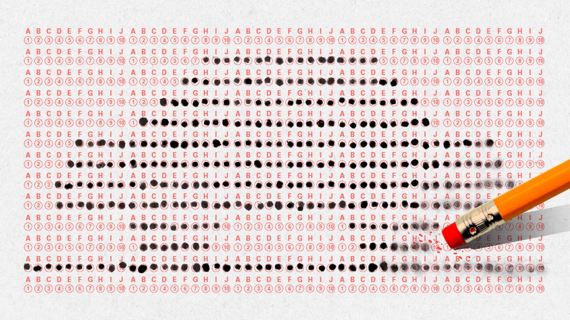 Illustration of a standardized test answer sheet with the bubbles marked in the shape of a car