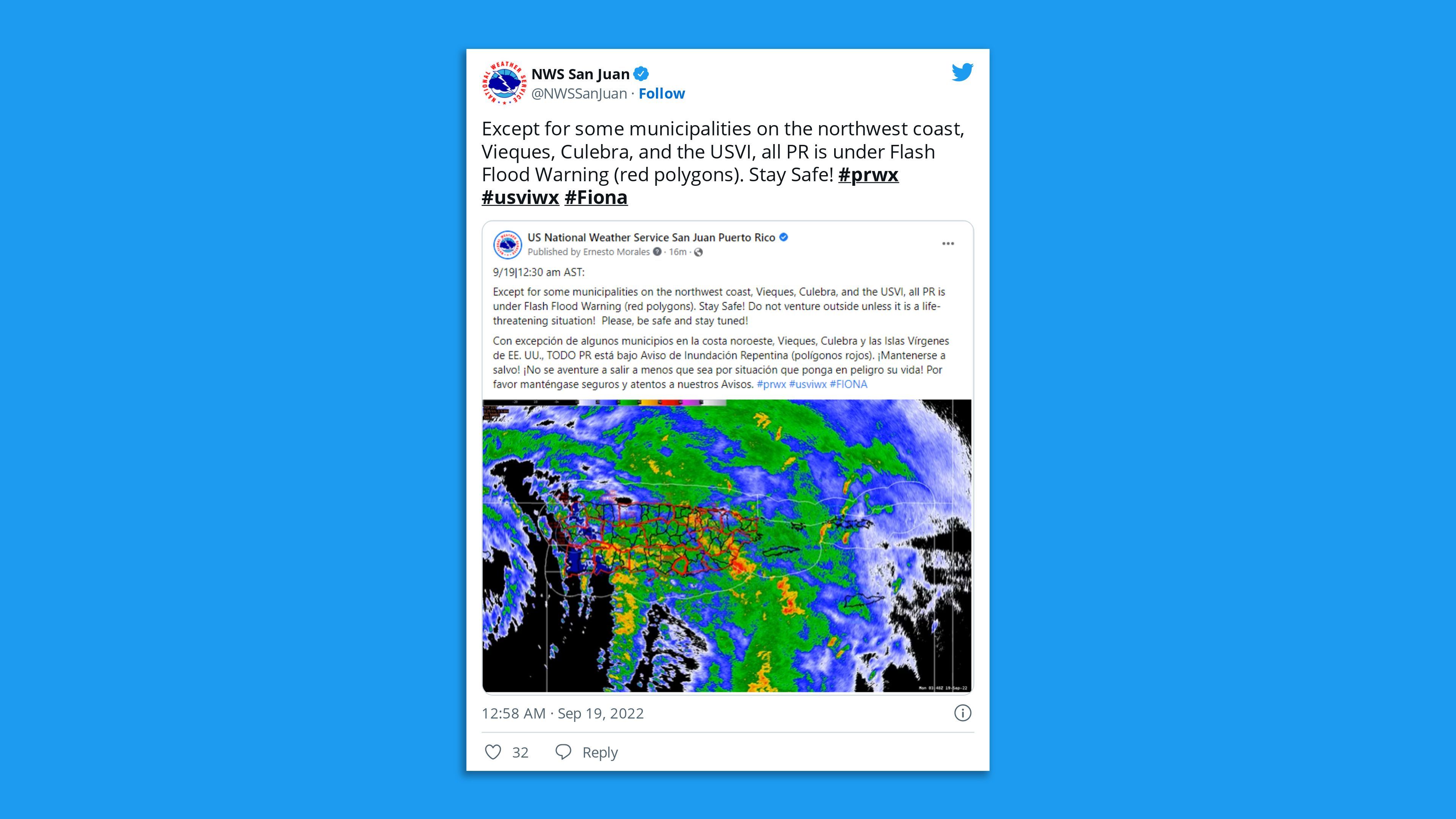 A tweet from the National Weather Service stating that all of Puerto Rico is under flash-flood warning except for the northeast region.