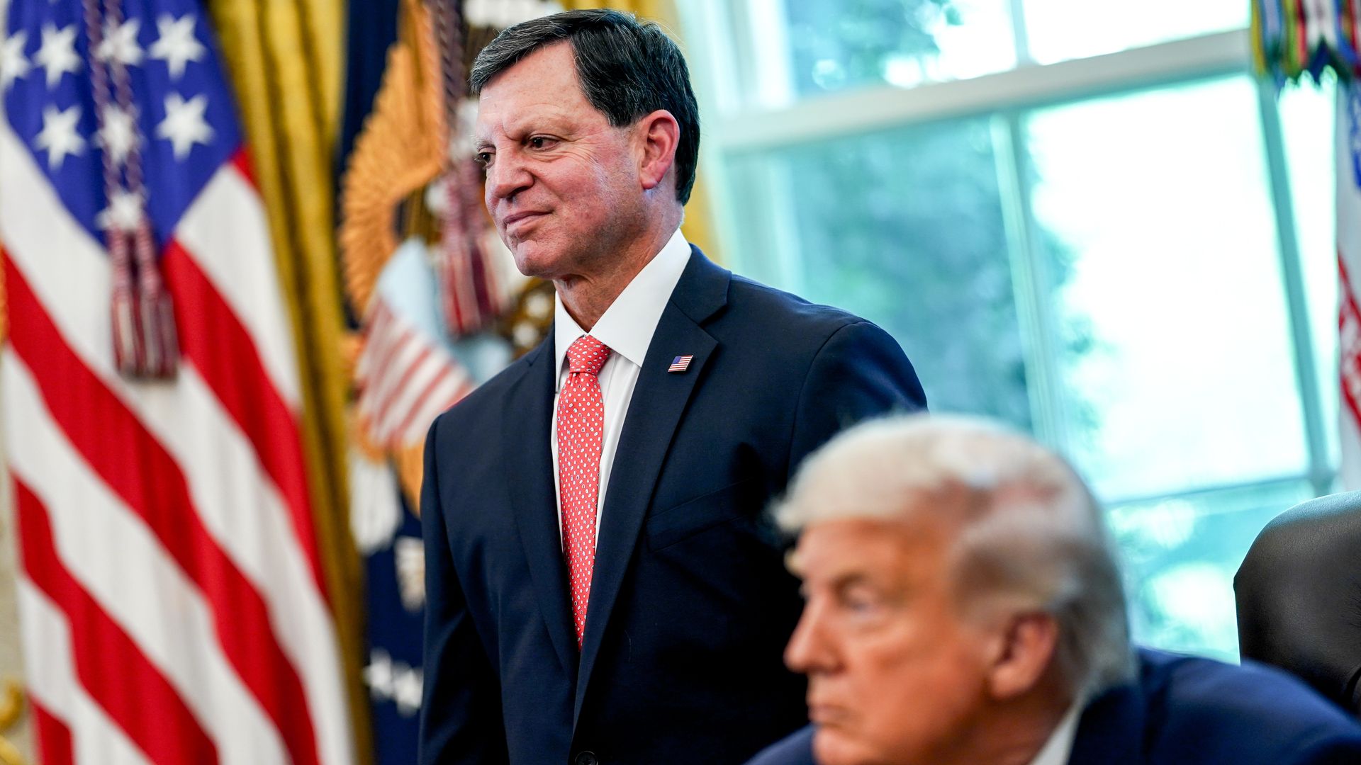 Frank Bisignano, commissioner of the US Social Security Administration, left, and US President Donald Trump in the Oval Office of the White House in Washington, DC, US.
