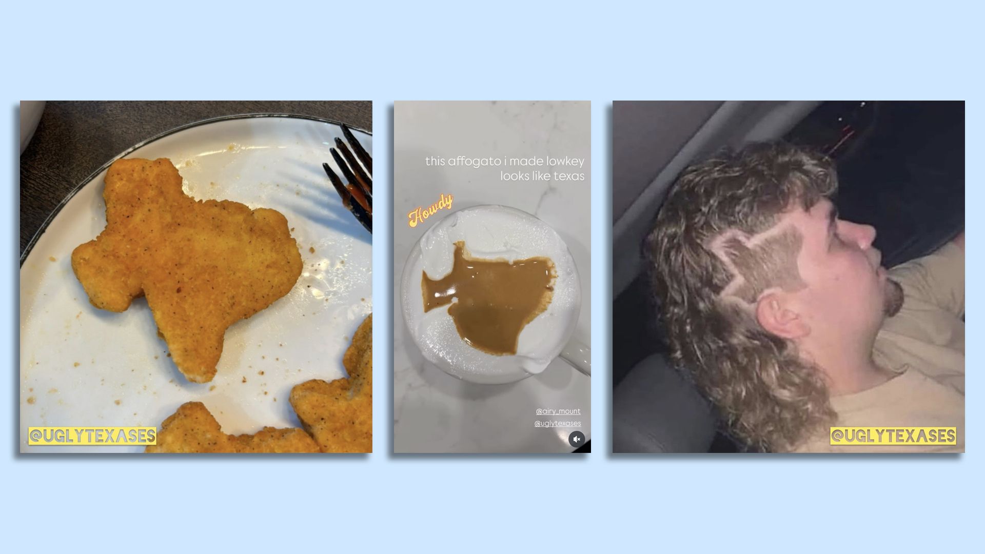 Three images: Texas-shaped chicken nugget on white plate, coffee with foam art resembling Texas with caption "this affogato I made lowkey looks like Texas," man with Texas-shaped shaved design in hair.