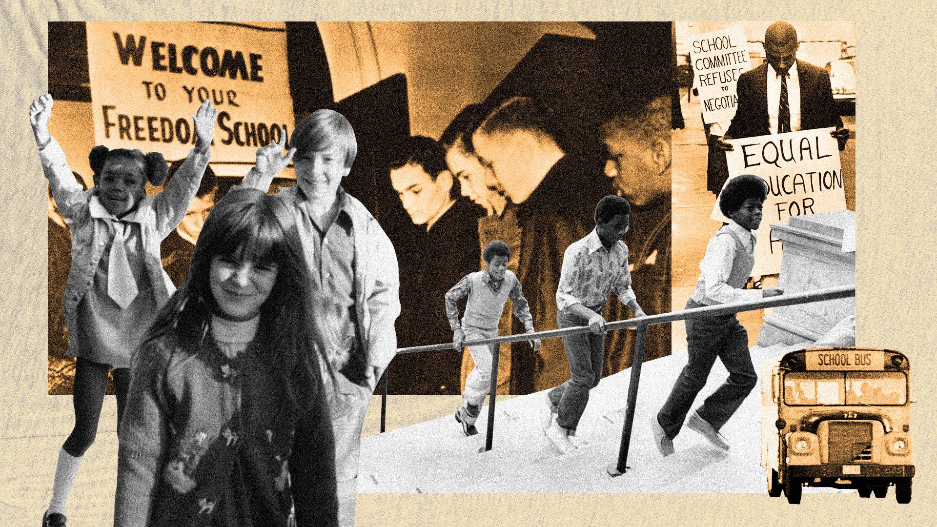 Photo illustration of Black and White children, a school bus and protestors in the 1960s and 1970s.