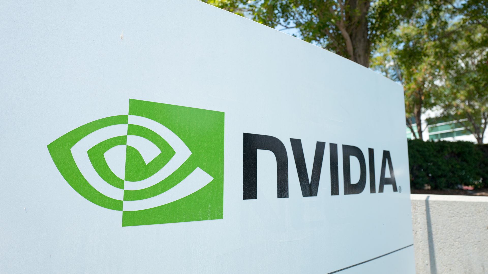Signage with logo at the Silicon Valley headquarters of computer graphics hardware company Nvidia, Santa Clara, California, August 17, 2017.