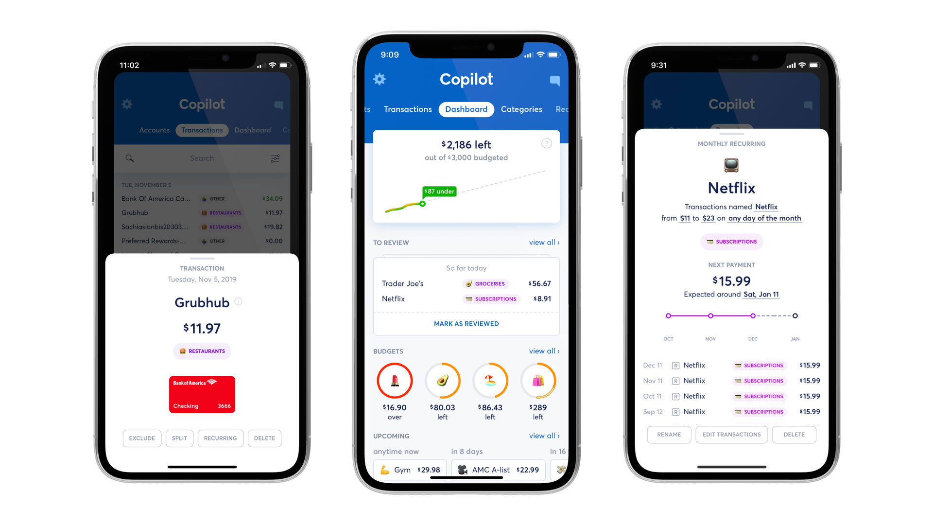 Screenshots from Copilot, a new personal finance app