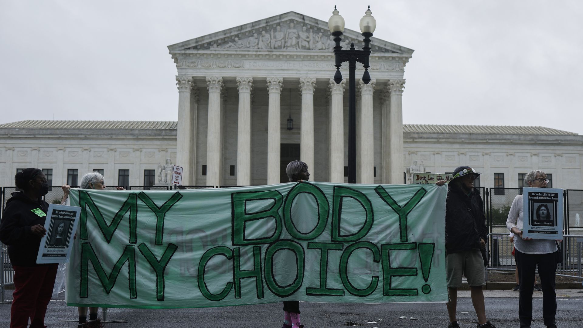 Picture of the Supreme Court building with a sign that says "my body, my choice" in front of it