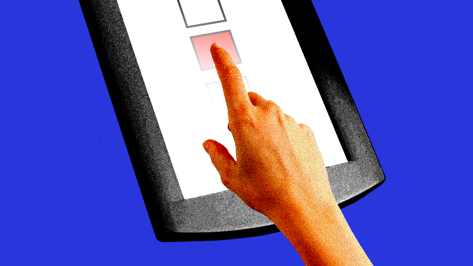 A hand touching an electronic voting touchscreen