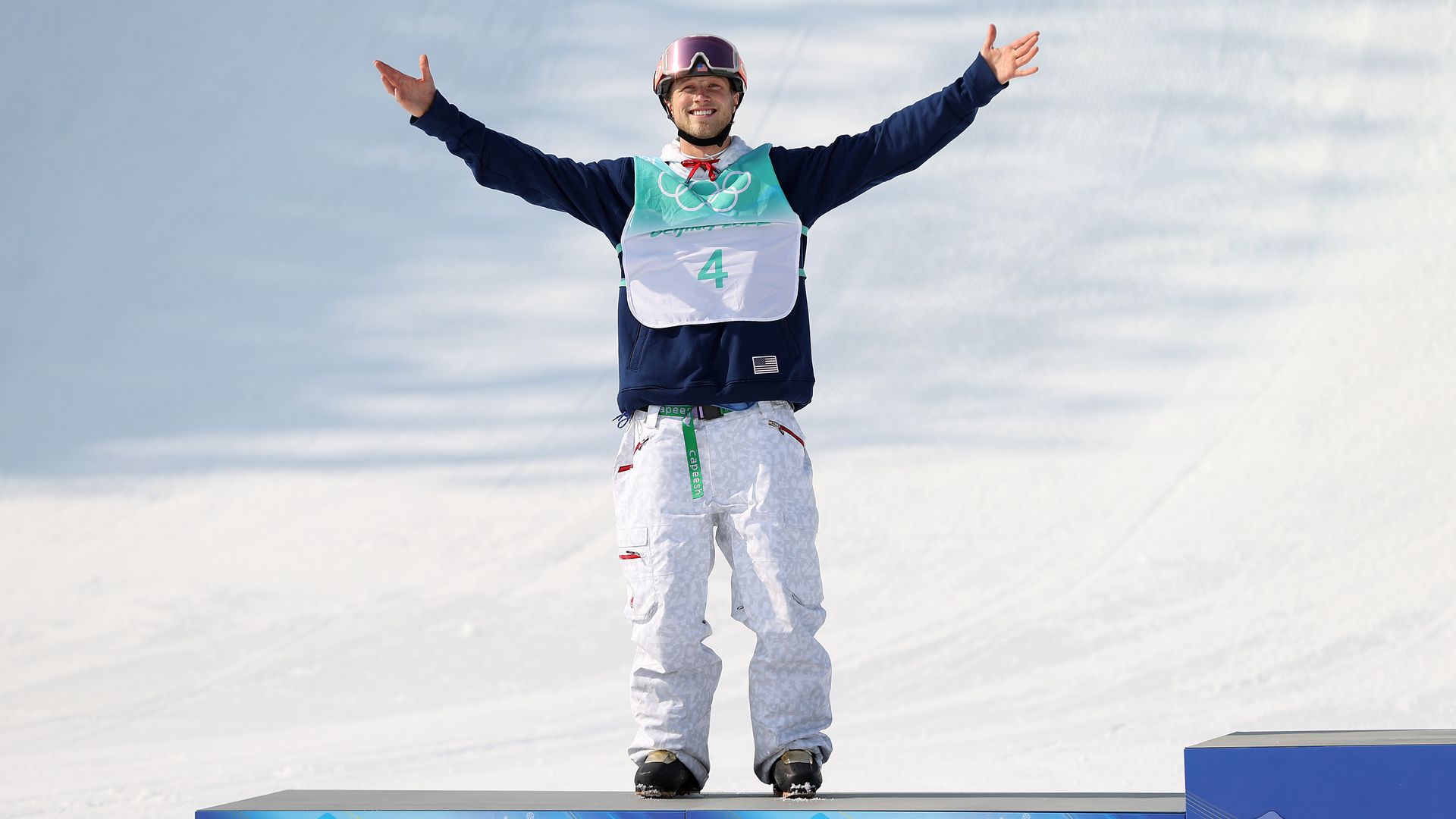 Silver medalist Colby Stevenson of Team United States celebrates during the Men's Freestyle Skiing Freeski Big Air Final flower ceremony on February 09, 2022 in Beijing, China