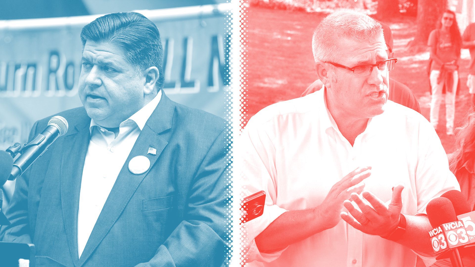 Illustration of J.B. Pritzker, tinted blue, and Darren Bailey, tinted red, separated by a white halftone divider.