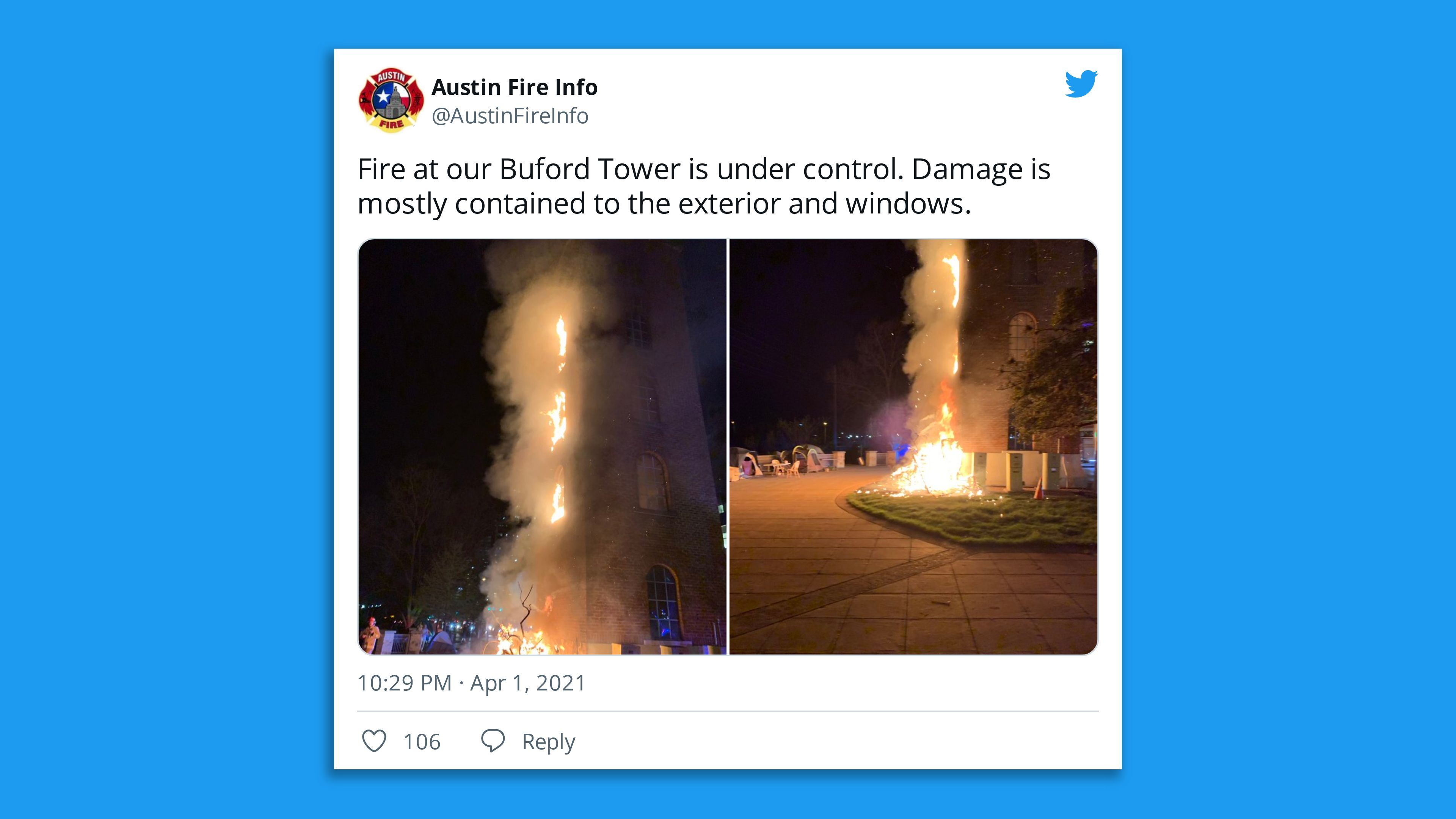 A tweet from the Burning Buford Tower.