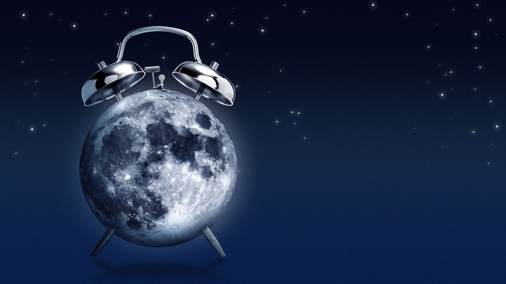 Illustration of a moon shaped alarm clock.