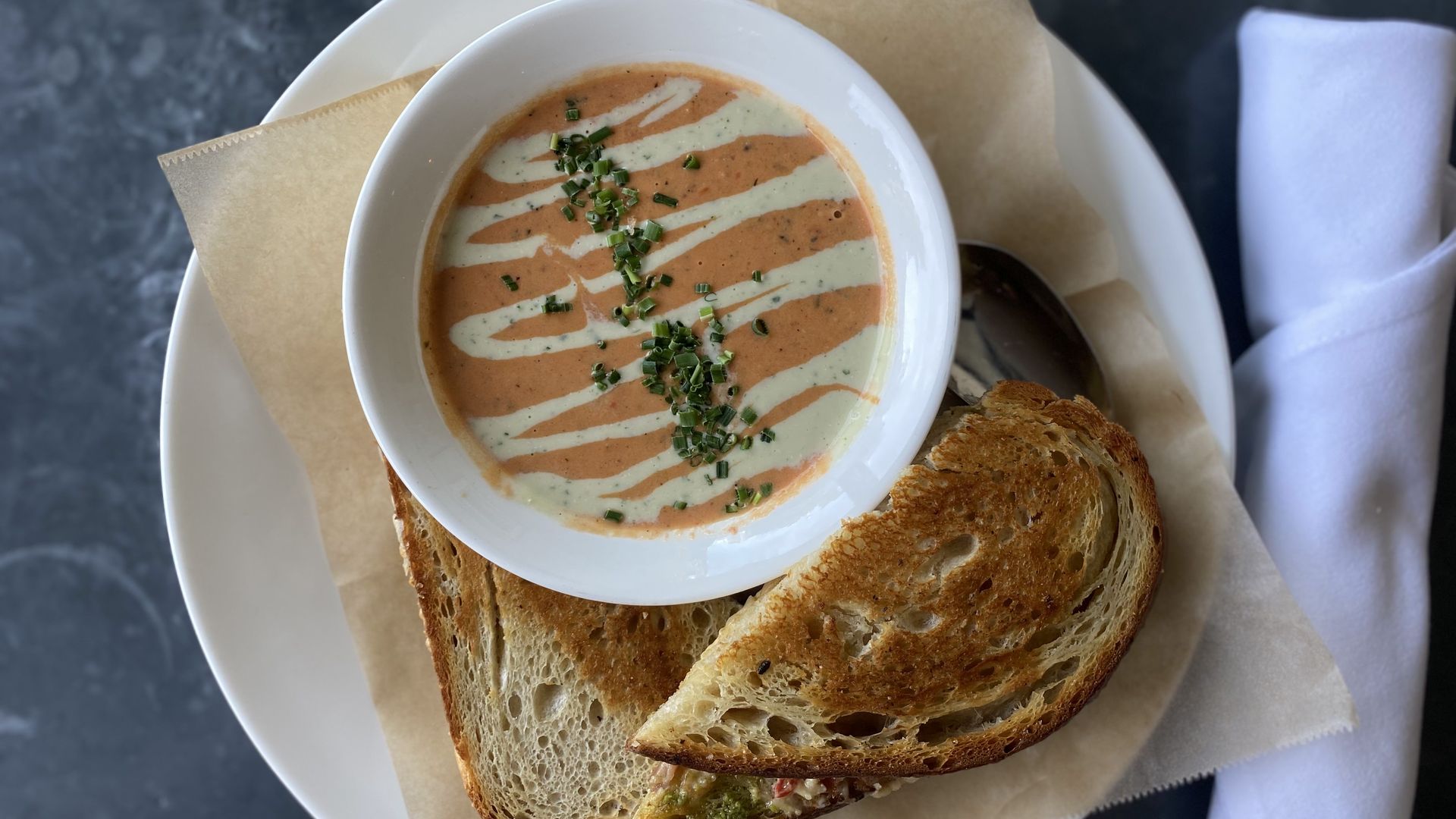 Grille cheese and tomato bisque from Oxford Exchange.