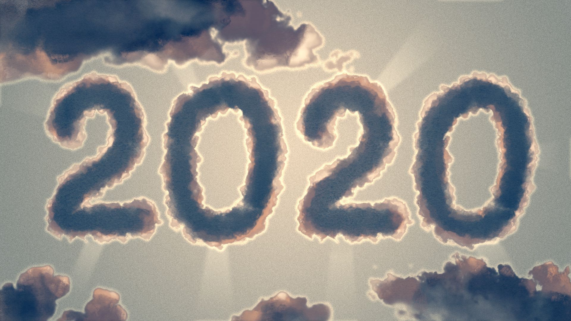 Illustration of the numerals "2020" written as clouds with a literal silver lining. 