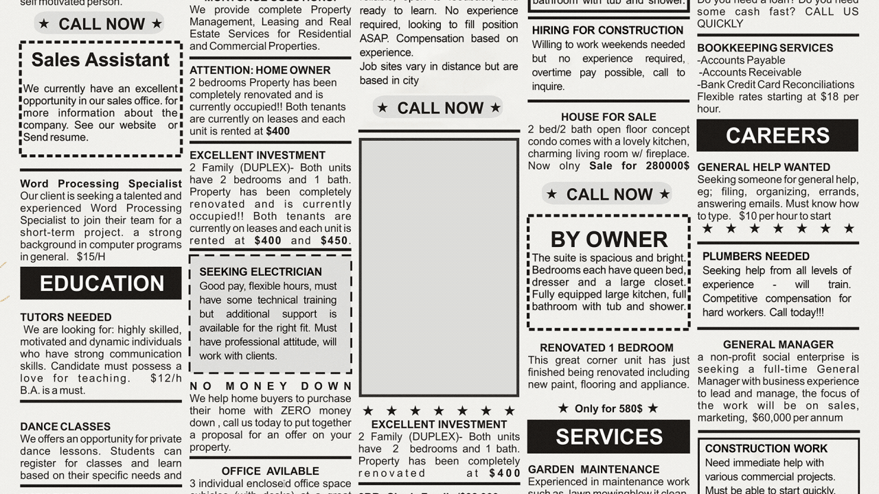 Illustration of a tumbleweed bouncing across a classified newspaper page