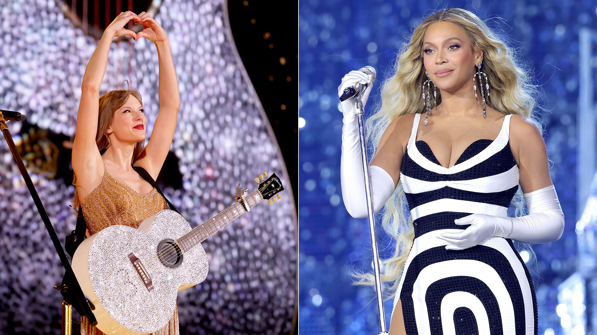 A composite image showing pictures of Taylor Swift and Beyonce at concerts this year.