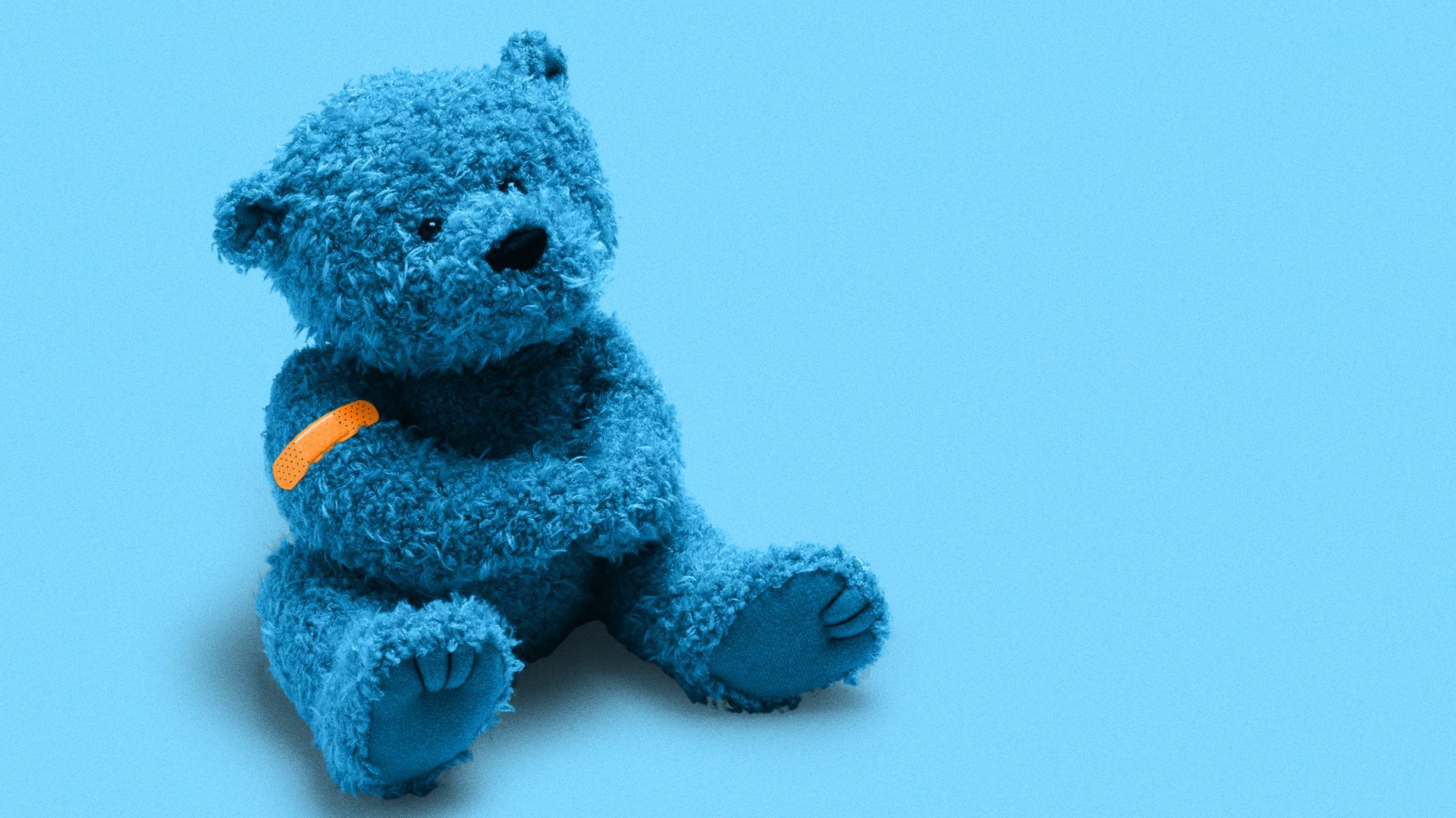 Illustration of a blue teddy bear with orange band-aid on its arm.