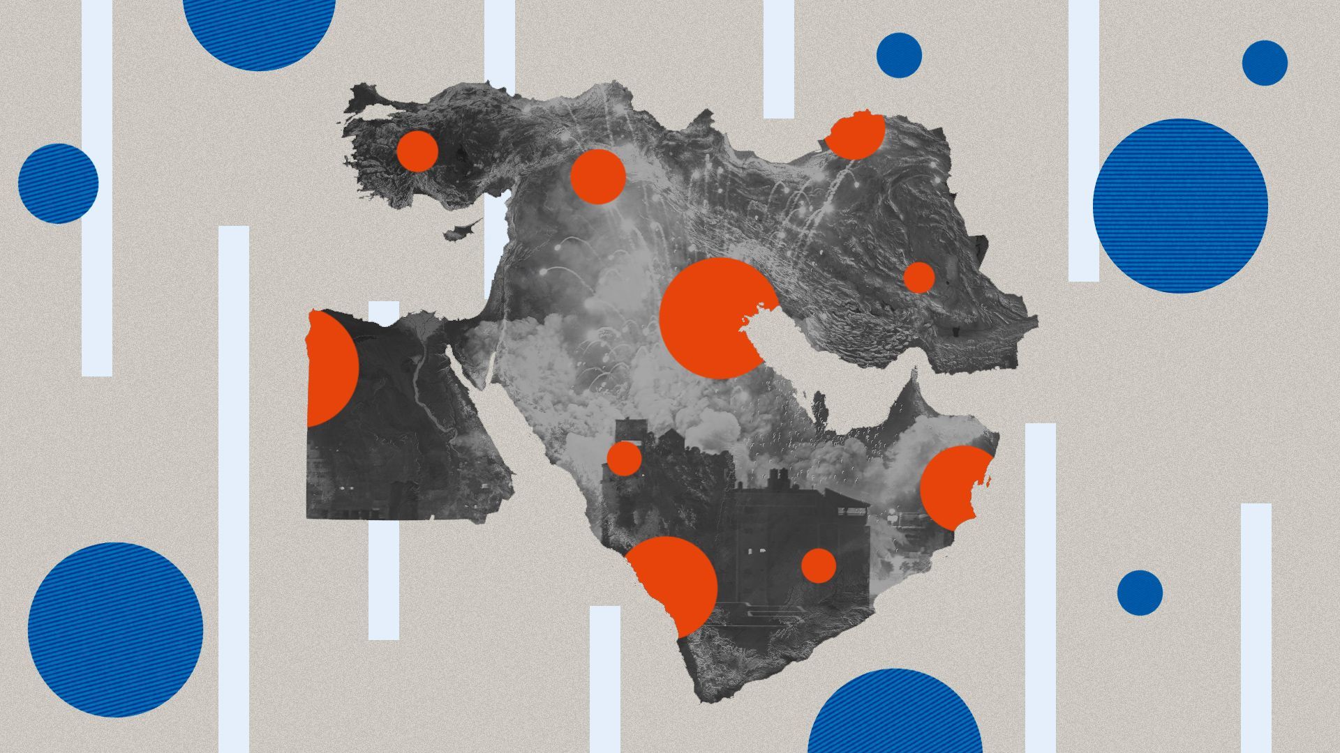 Illustrated collage of a topographic map of the Middle East, overlaid with an image of a bombing in Gaza. The map is covered in red circles, with blue circles and stripes off to the side on the outskirts. 