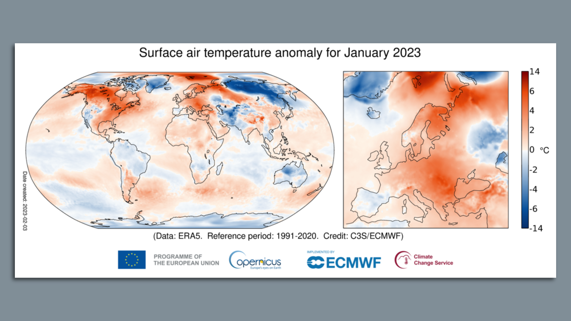 Surface air temperature anomalies in January 2023.