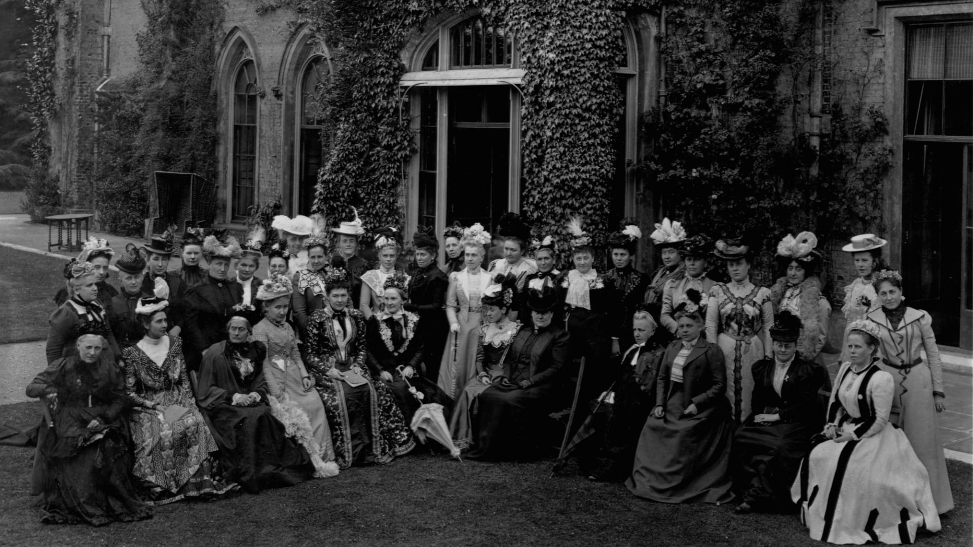 The Executive Committee of the International Council of Woman, an organization dedicated to giving women the right to vote, meets in Cassobury Park in 1899. Susan B. Anthony, one of the council's founders, is seated third from left. Beside her to the right is May Wright Sewall, also a founder. 