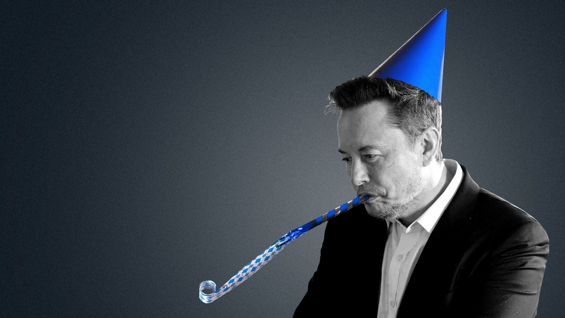Photo illustration of downcast Elon Musk wearing a party hat and blowing a party horn. 