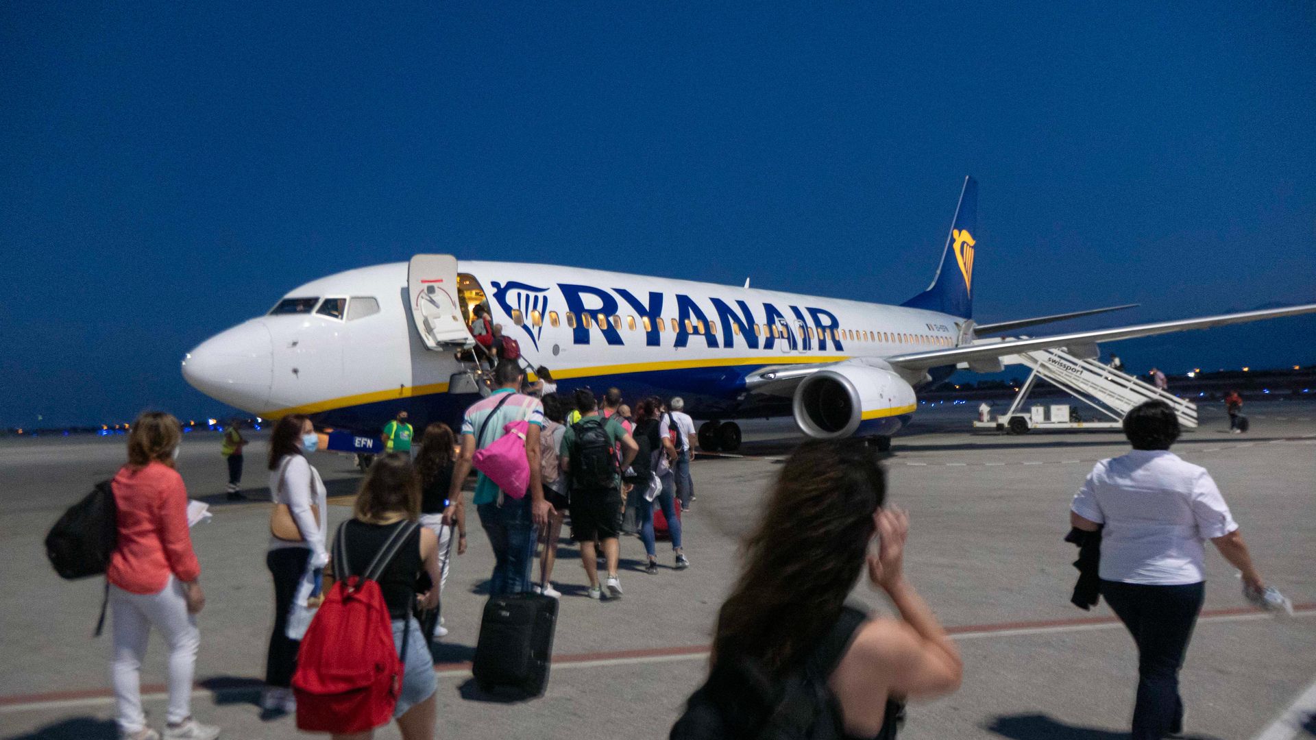 Passengers boarding a Ryanair plane on Crete Island in Greece 