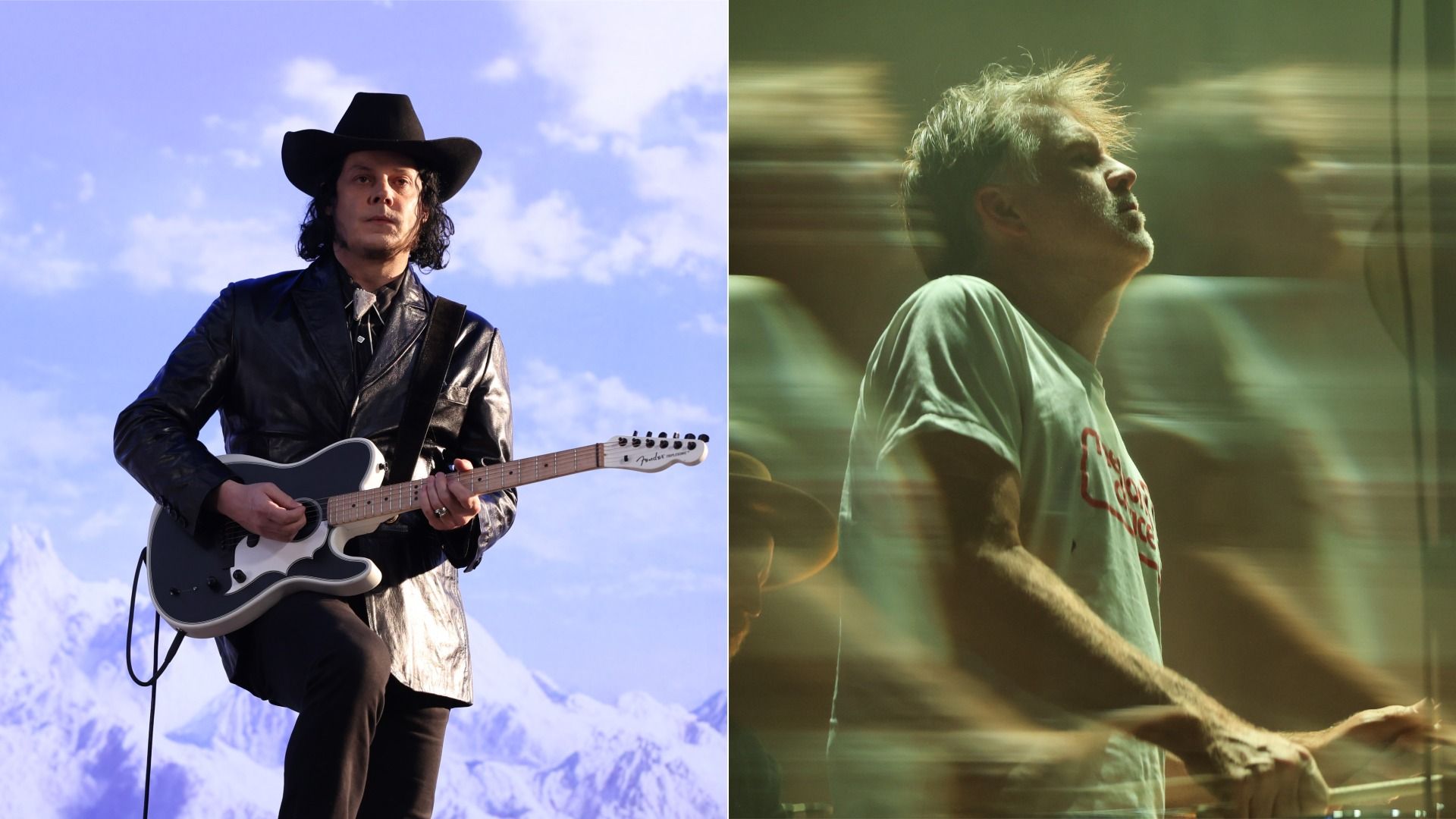 two pics side by side. One of a man in a black hat playing the guitar and another of a man performing and looking off to the side