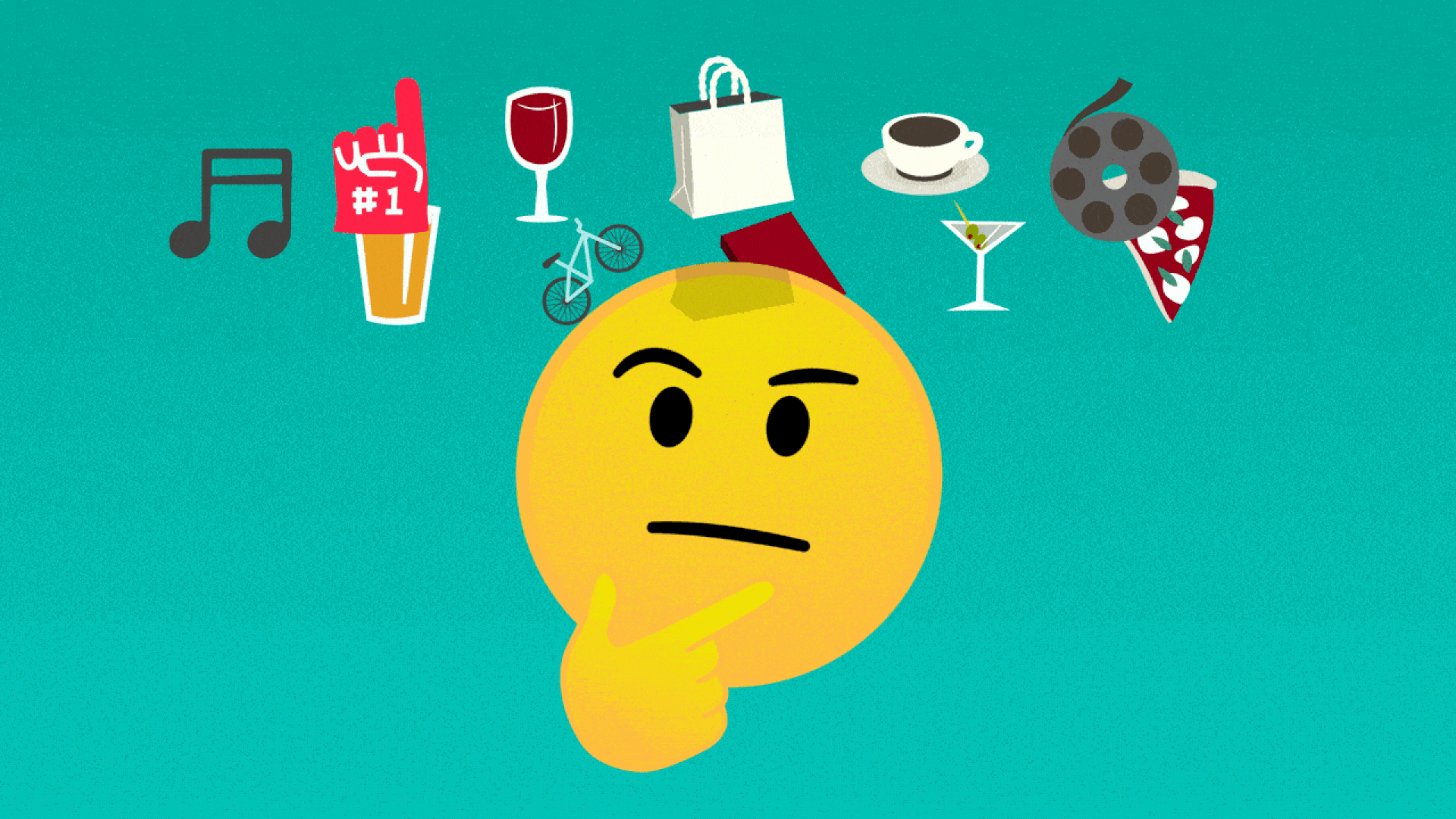 Illustration of a thinking emoji rubbing its chin with a slice of pizza, a beer, a bike, a coffee, a book and other things to do swirling around its head. 