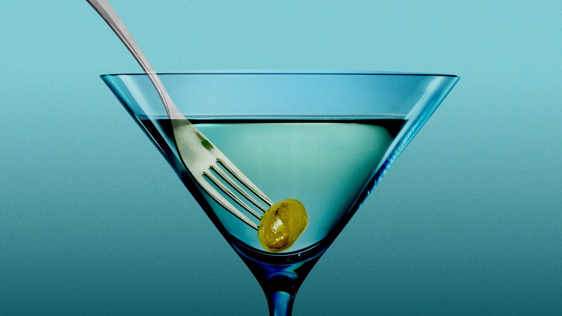 Illustration of a fork in the olive of a martini glass. 