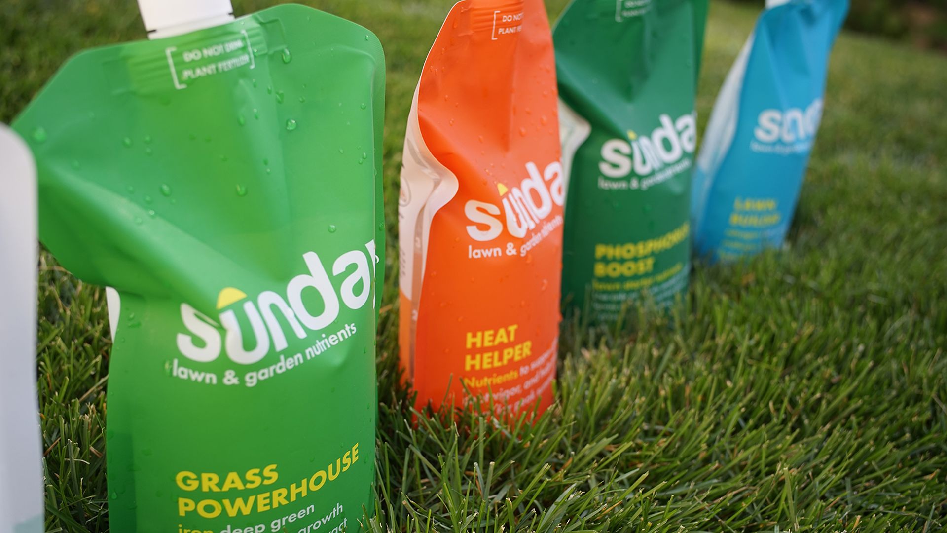 Pouches of eco-friendly lawn and backyard care, made by startup Sunday.