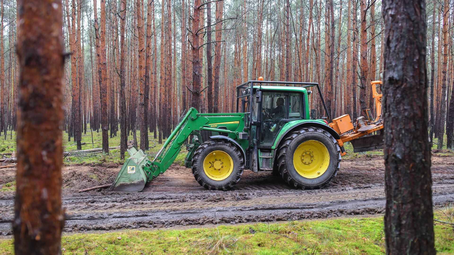 A tractor in the middle of the woods