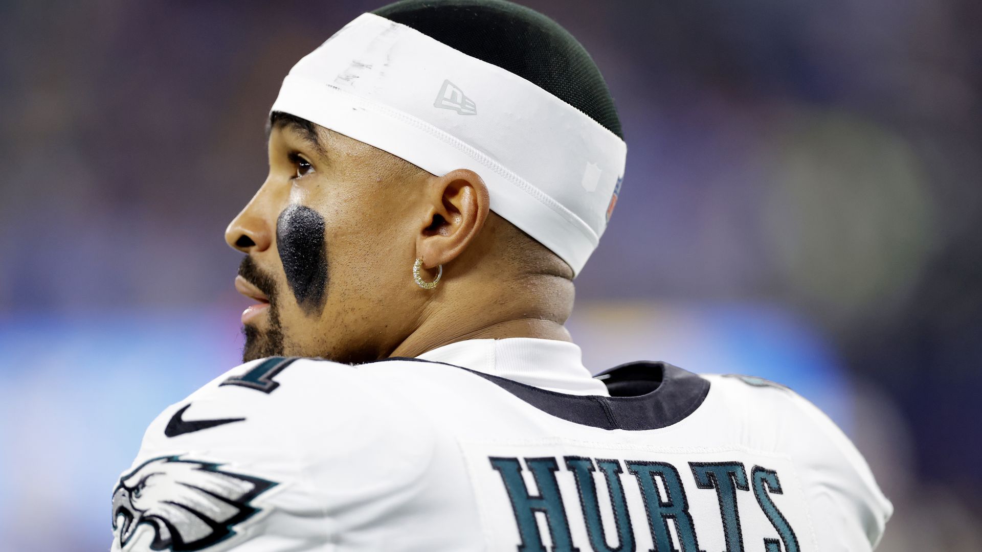 Eagles QB Jalen Hurts looks on during his team's loss to the Chargers in Inglewood, California. 
