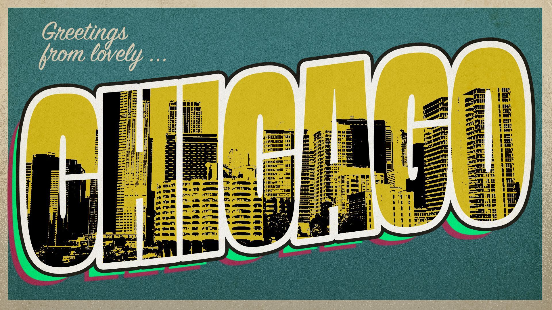 Photo illustration of a vintage-style postcard reading Greetings from lovely Chicago, with a photo of Chicago within the text.