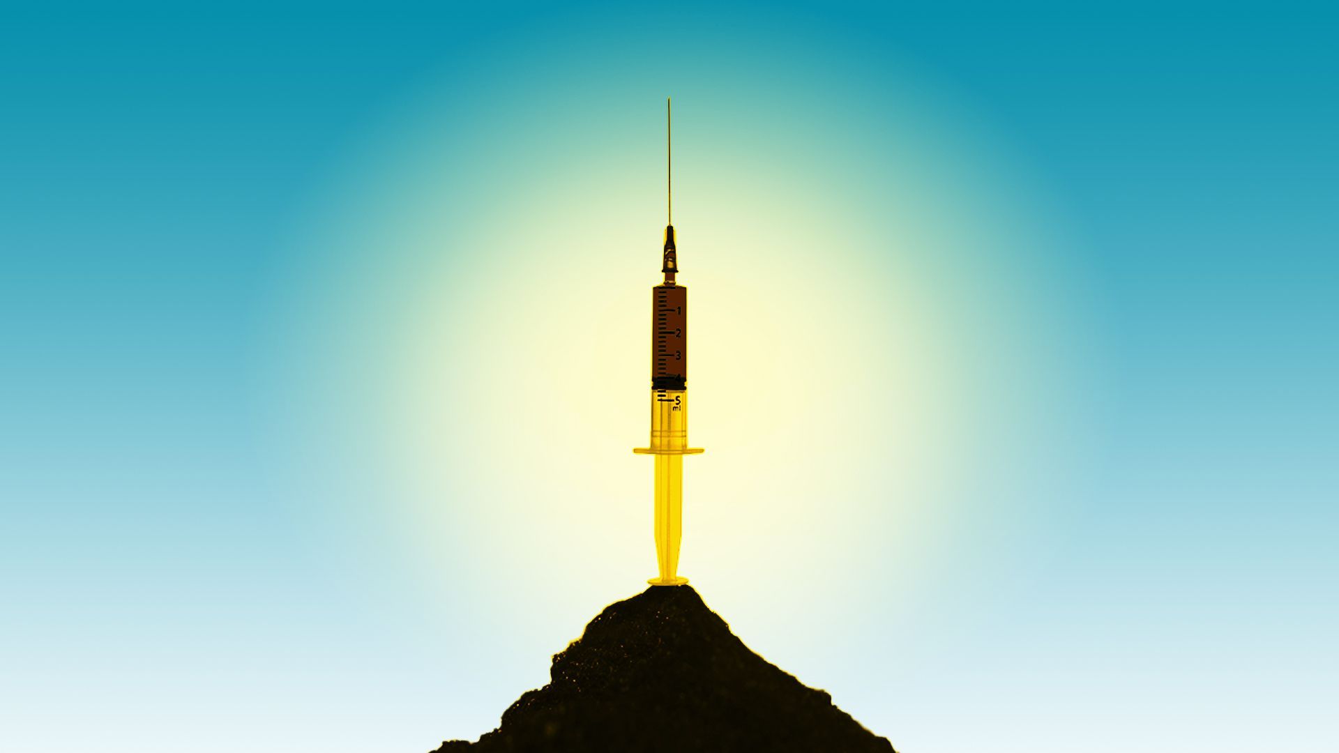 Illustration of a syringe on a mountain top.